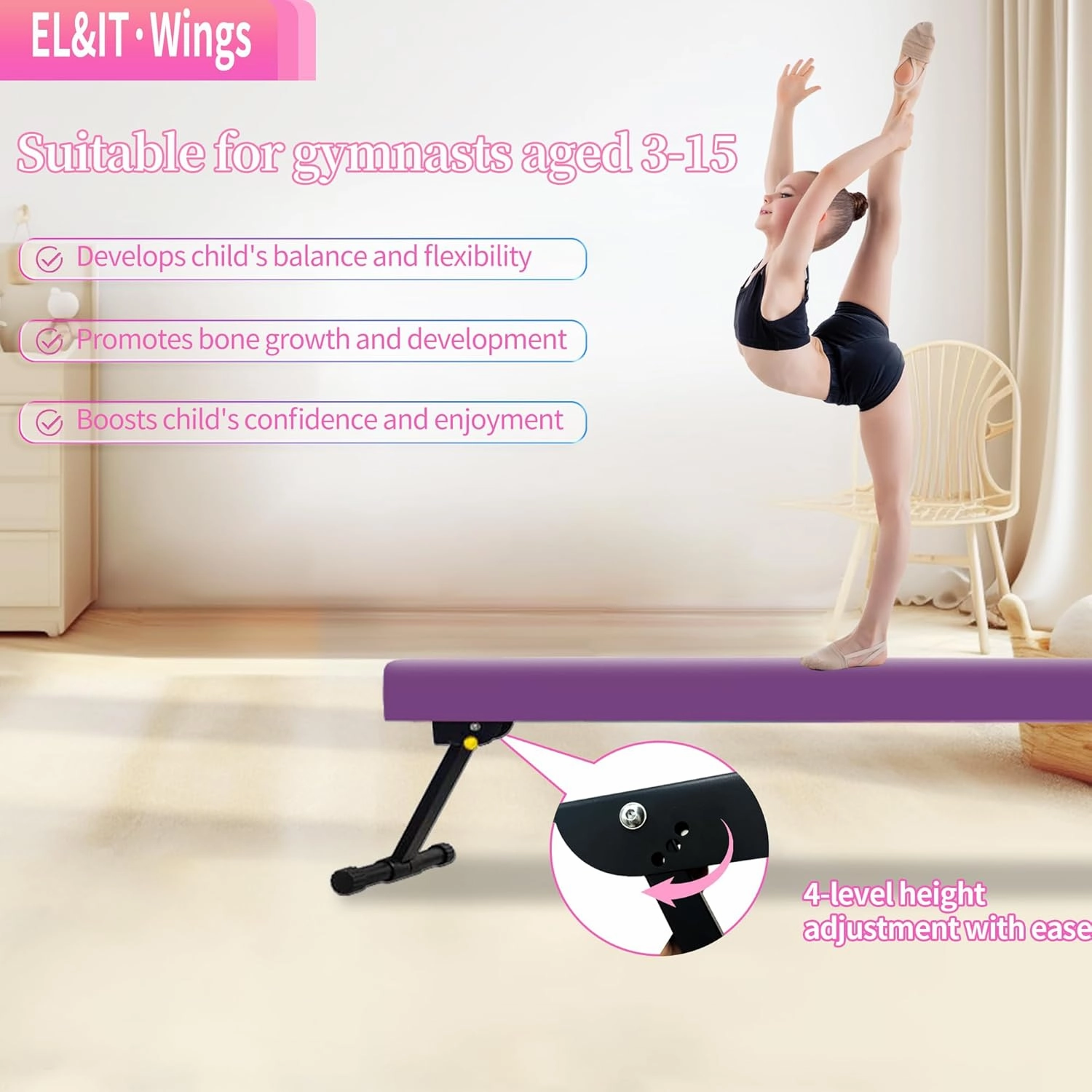 EL&IT·Wings 8ft Gymnastic Balance Beam,Adjustable High and Low Level Floor Beam - Highly Stable - Gym Practice Training Equipment for Kids Children Girls Home