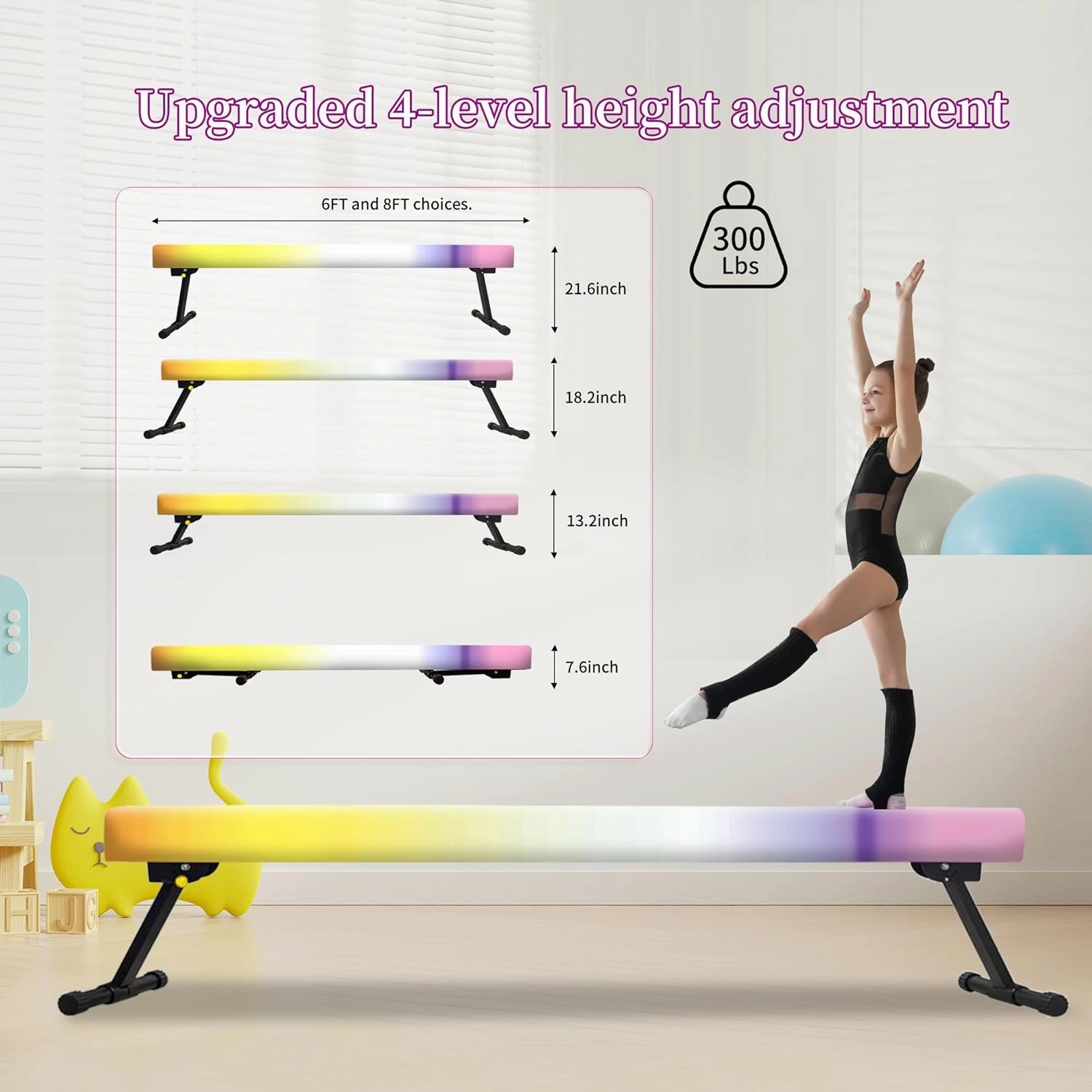 EL&IT·Wings 8ft Gymnastic Balance Beam,Adjustable High and Low Level Floor Beam - Highly Stable - Gym Practice Training Equipment for Kids Children Girls Home