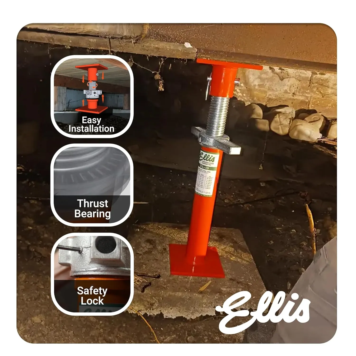 Ellis Manufacturing Light-Duty Steel Lifting Shore and Jack Post – House Jack for Foundation, Floor Leveling, and Concrete Bracing – 18,000 lb Safe Load Capacity – 19"-27" Adjustment