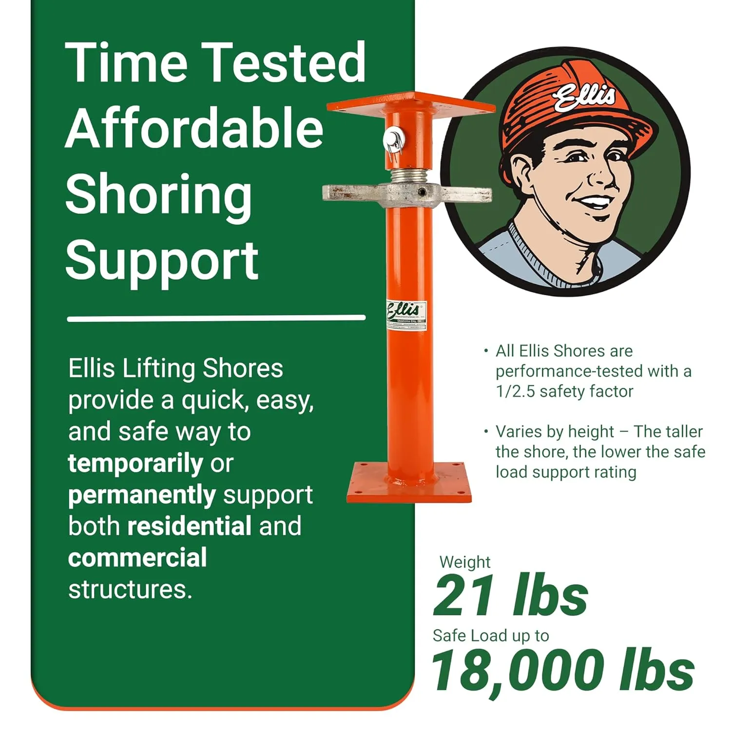 Ellis Manufacturing Light-Duty Steel Lifting Shore and Jack Post – House Jack for Foundation, Floor Leveling, and Concrete Bracing – 18,000 lb Safe Load Capacity – 19"-27" Adjustment