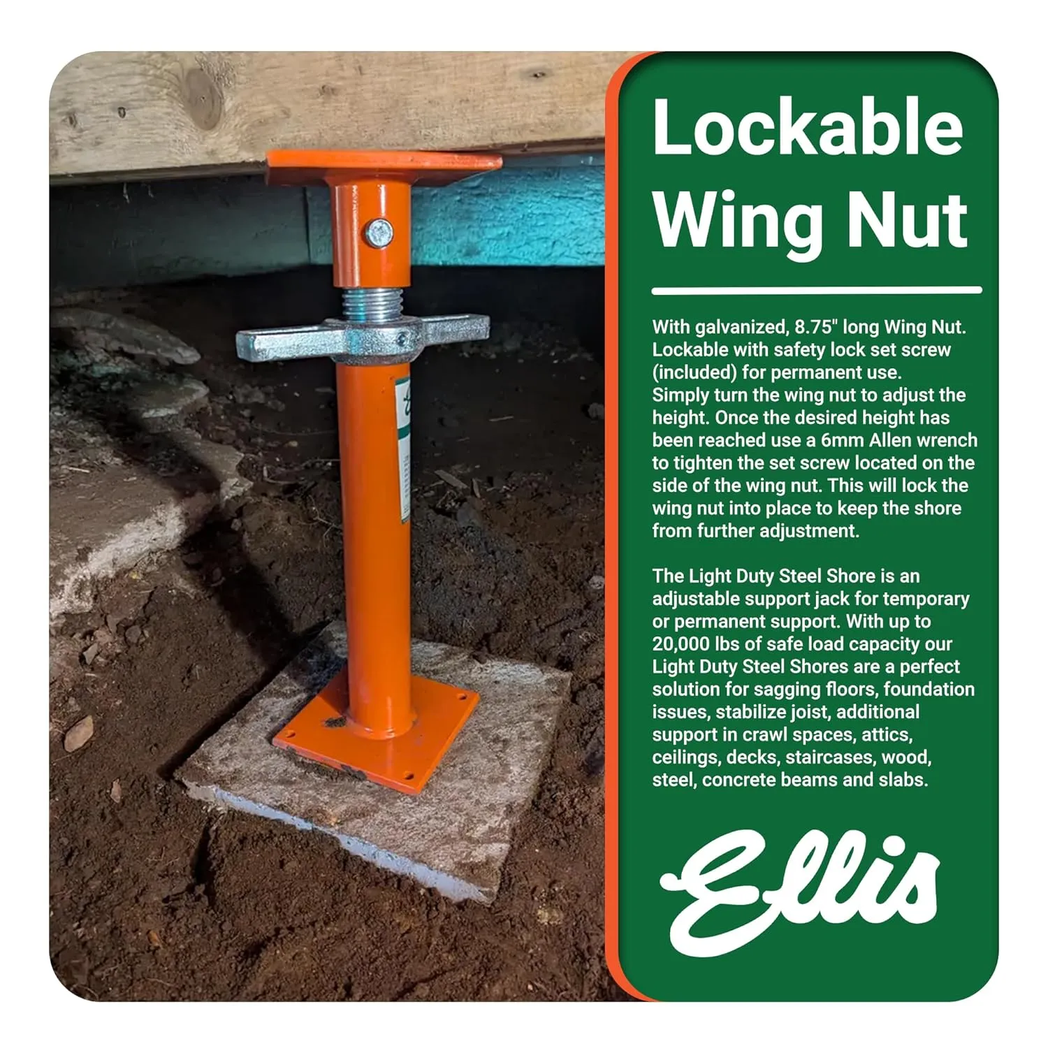 Ellis Manufacturing Light-Duty Steel Lifting Shore and Jack Post – House Jack for Foundation, Floor Leveling, and Concrete Bracing – 18,000 lb Safe Load Capacity – 19"-27" Adjustment