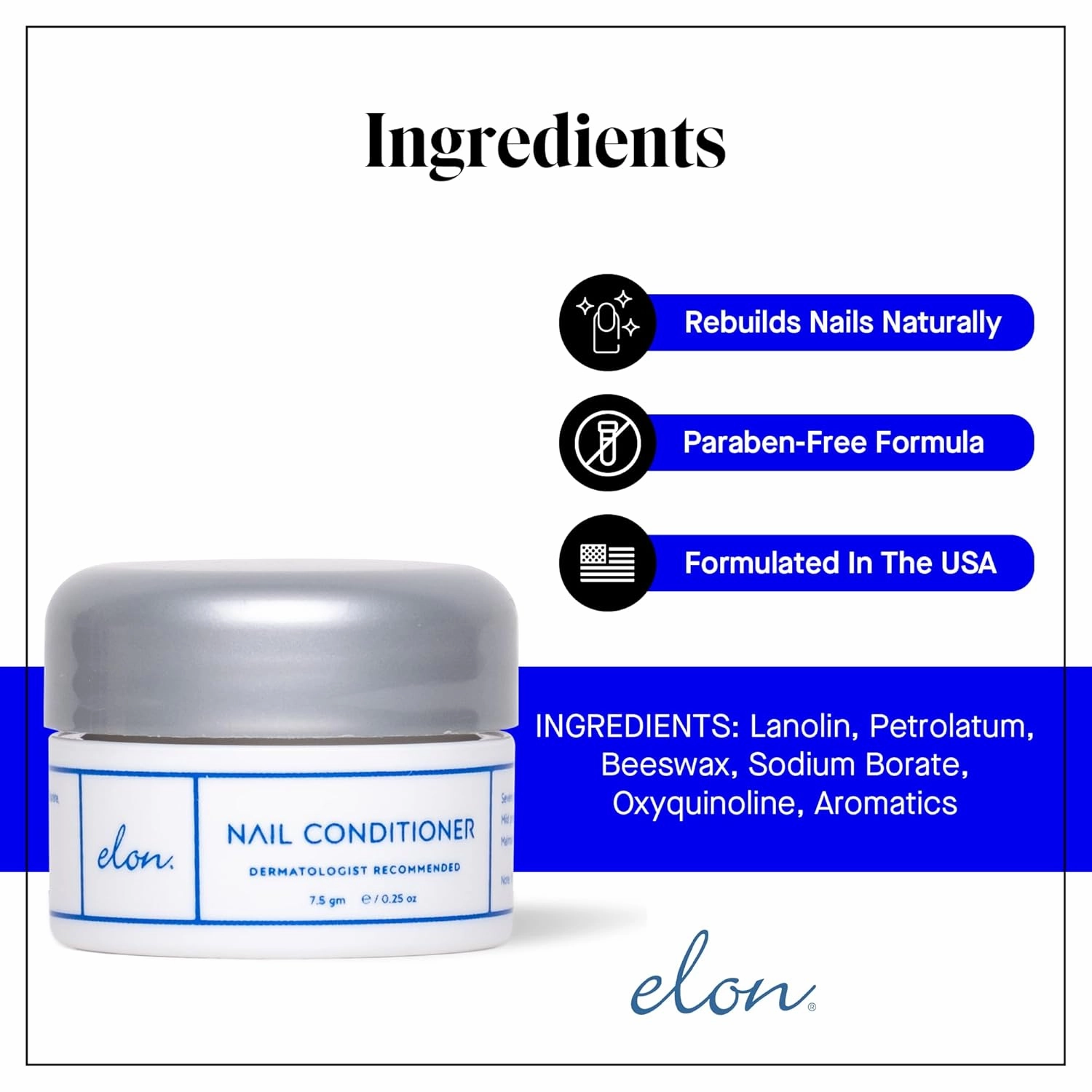 Elon Lanolin-Rich Nail Conditioner, Strengthens Nails & Protects Cuticles, Recommended by Dermatologists & Podiatrists (7.5 g.)