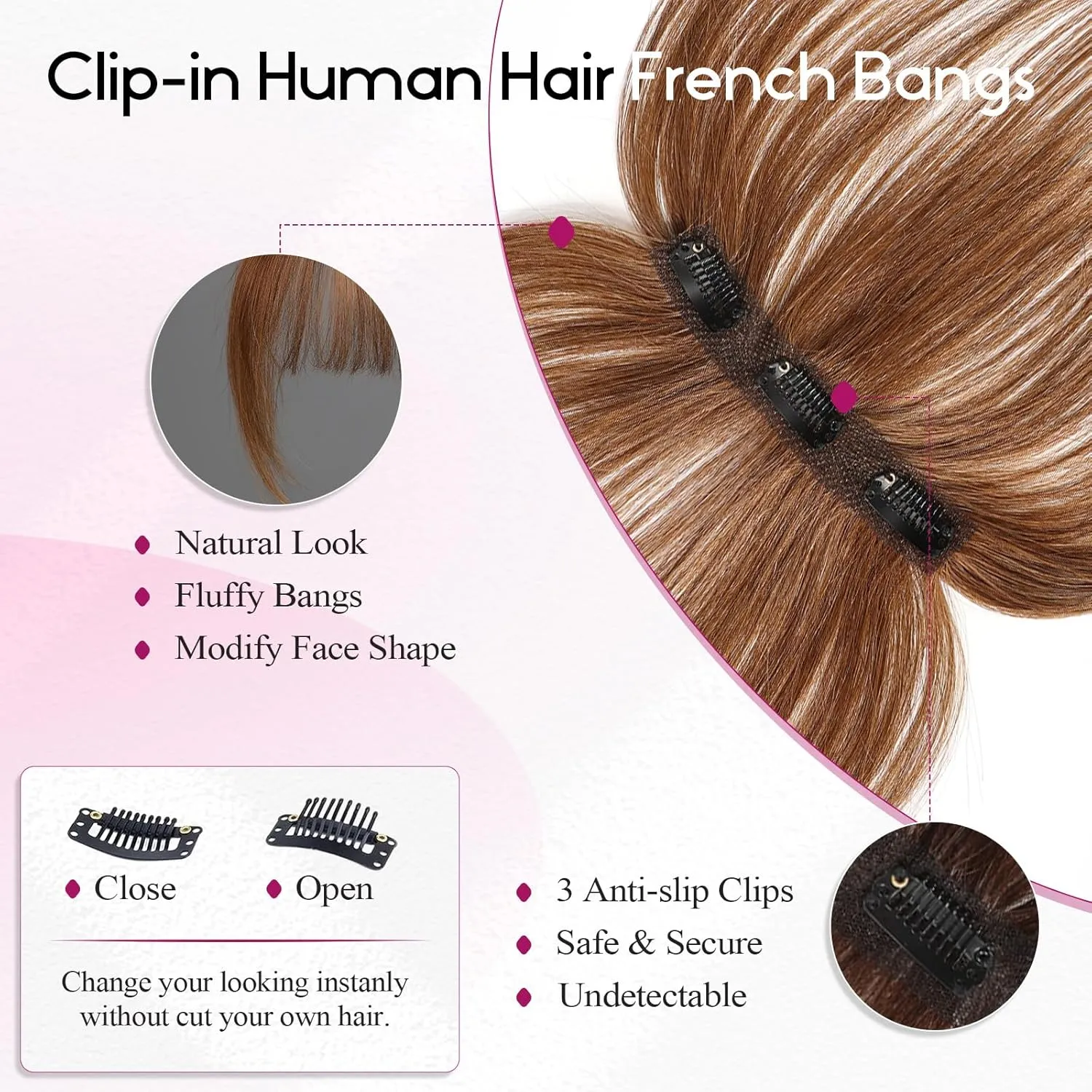 EMMOR Clip in Bangs, 100% Human Hair Bangs with 3 Non-slip Clips, 360°Cover Top HairPieces with 5 inch Wispy Fringes for enhancing Women's Facial Features(Ash Brown)