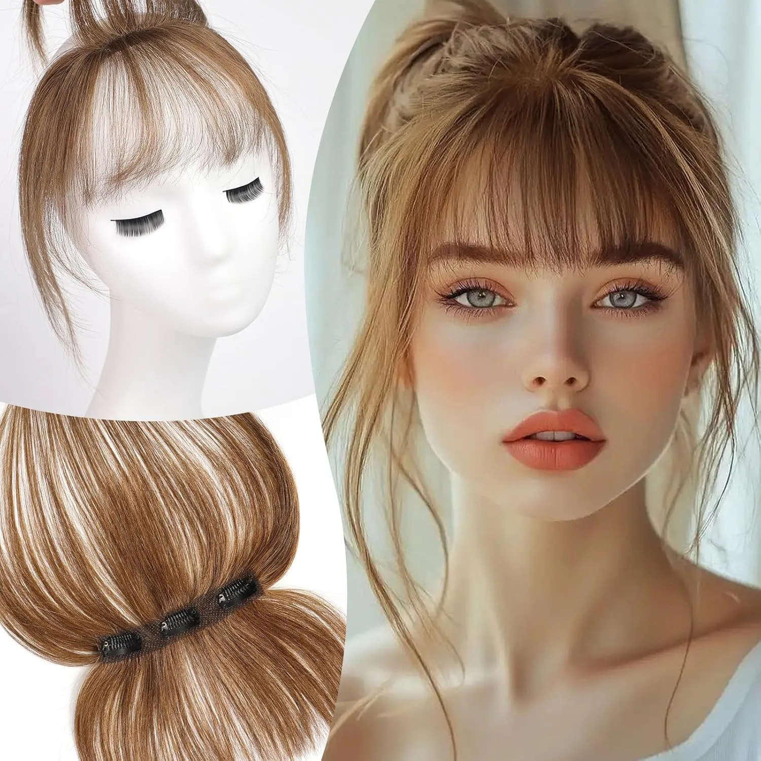 EMMOR Clip in Bangs, 100% Human Hair Bangs with 3 Non-slip Clips, 360°Cover Top HairPieces with 5 inch Wispy Fringes for enhancing Women's Facial Features(Ash Brown)