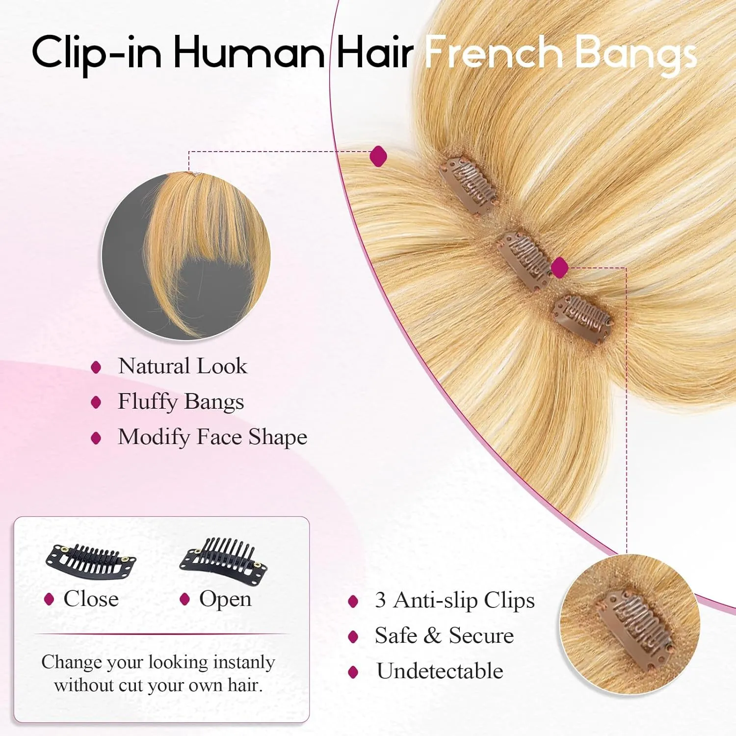 EMMOR Clip in Bangs, 100% Human Hair Bangs with 3 Non-slip Clips, 360°Cover Top HairPieces with 5 inch Wispy Fringes for enhancing Women's Facial Features(Blonde)