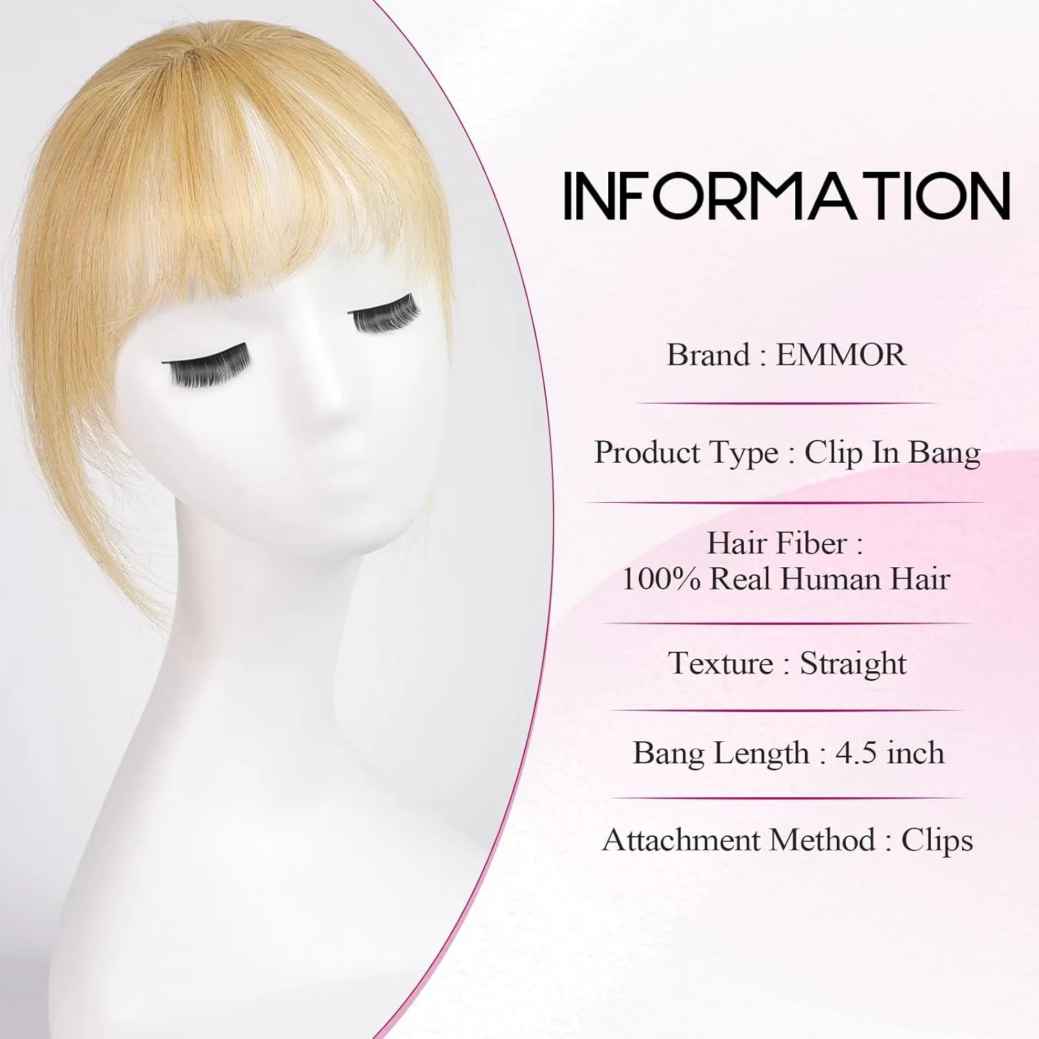 EMMOR Clip in Bangs, 100% Human Hair Bangs with 3 Non-slip Clips, 360°Cover Top HairPieces with 5 inch Wispy Fringes for enhancing Women's Facial Features(Blonde)