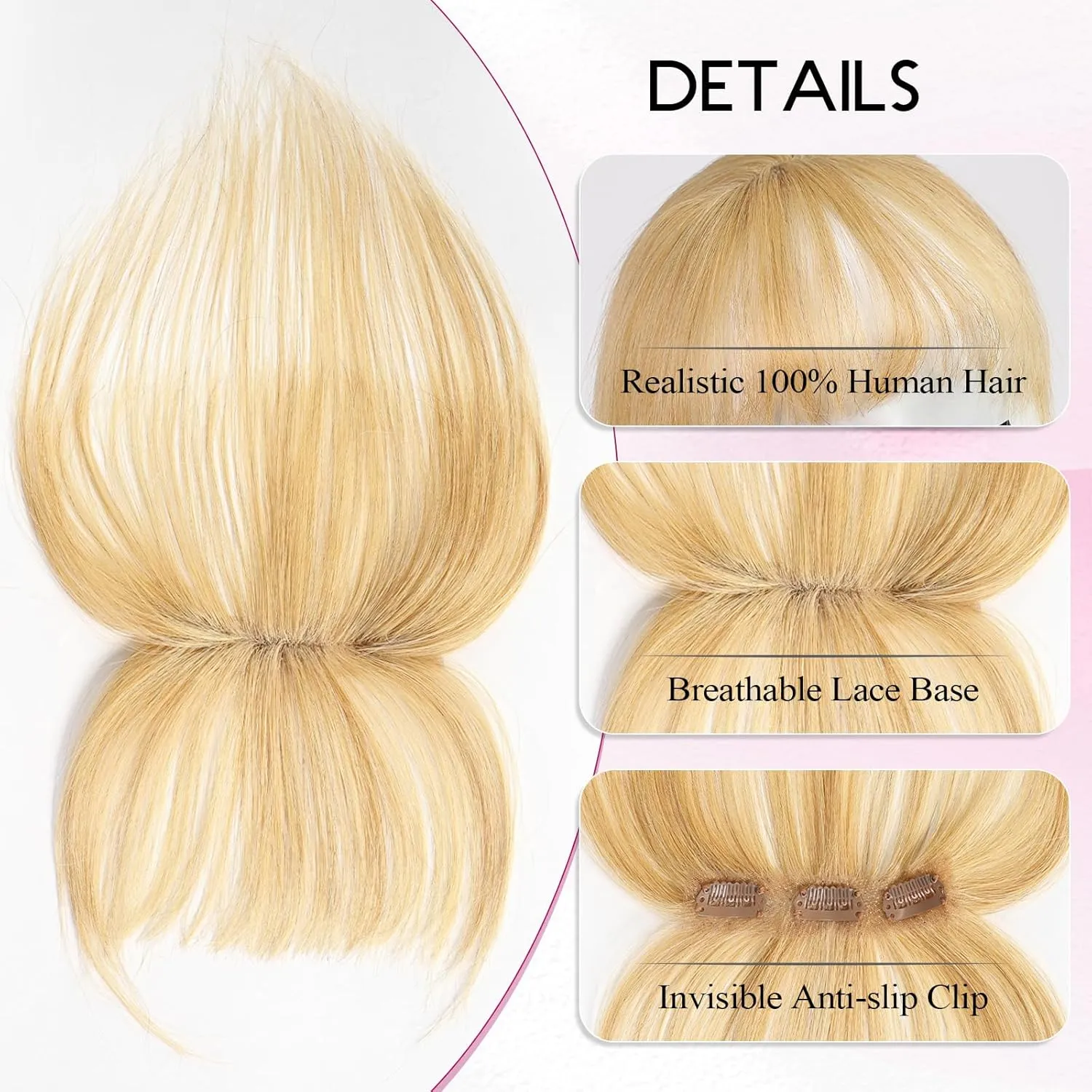 EMMOR Clip in Bangs, 100% Human Hair Bangs with 3 Non-slip Clips, 360°Cover Top HairPieces with 5 inch Wispy Fringes for enhancing Women's Facial Features(Blonde)