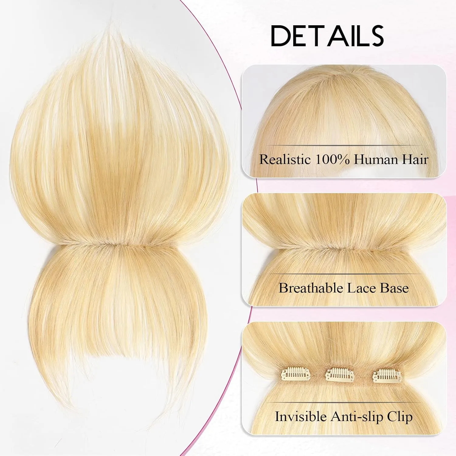 EMMOR Clip in Bangs, 100% Human Hair Bangs with 3 Non-slip Clips, 360°Cover Top HairPieces with 5 inch Wispy Fringes for enhancing Women's Facial Features(Light Blonde)