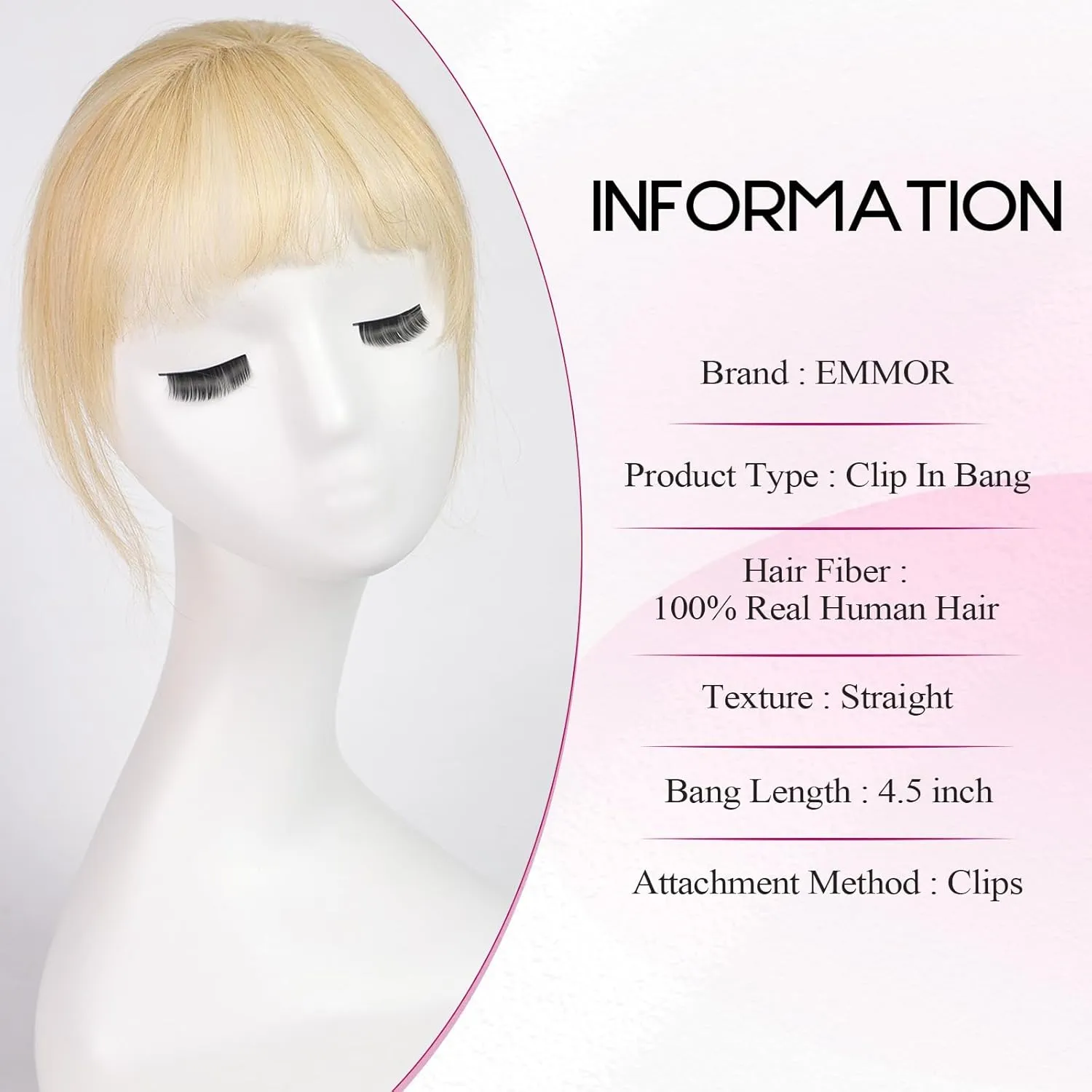 EMMOR Clip in Bangs, 100% Human Hair Bangs with 3 Non-slip Clips, 360°Cover Top HairPieces with 5 inch Wispy Fringes for enhancing Women's Facial Features(Light Blonde)