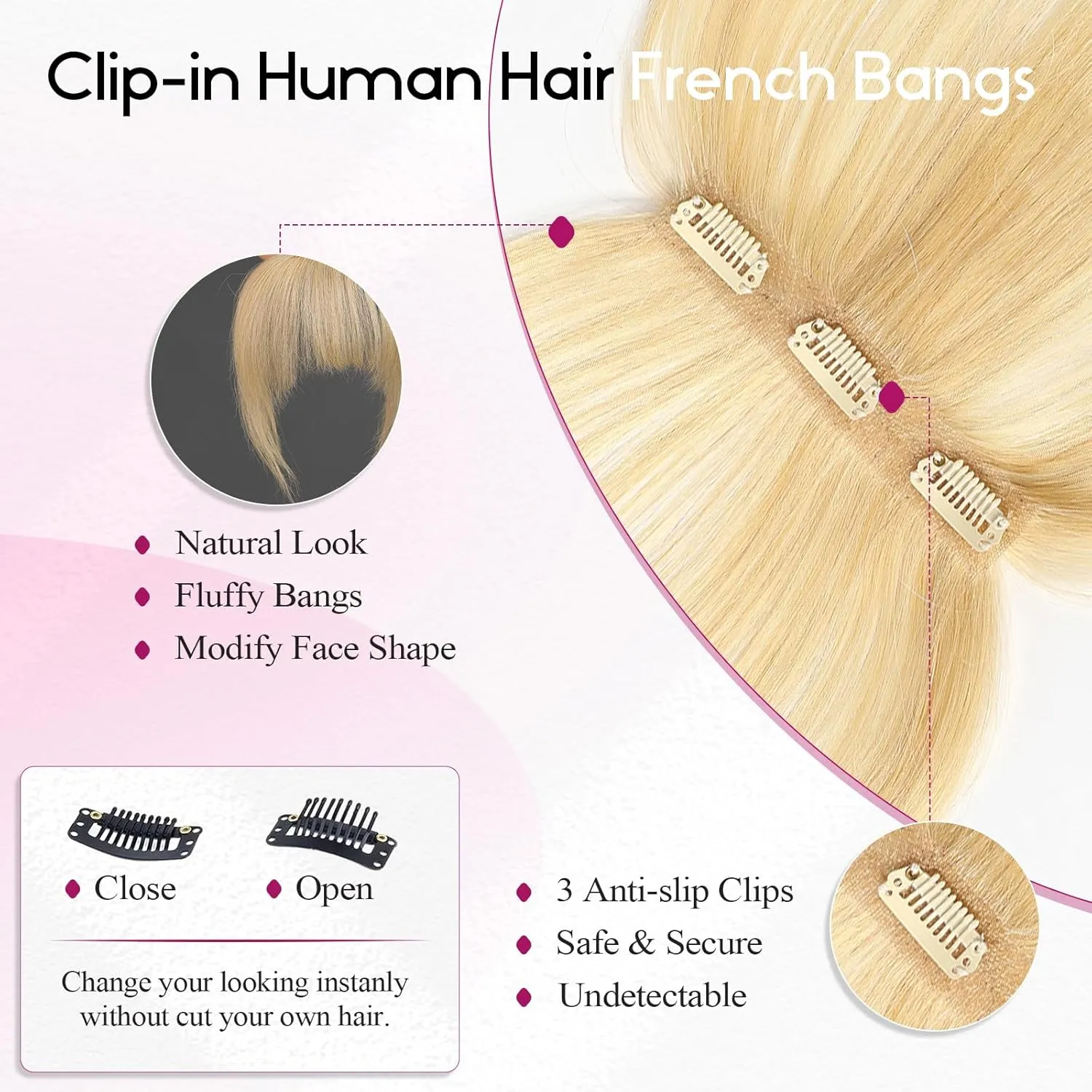 EMMOR Clip in Bangs, 100% Human Hair Bangs with 3 Non-slip Clips, 360°Cover Top HairPieces with 5 inch Wispy Fringes for enhancing Women's Facial Features(Light Blonde)