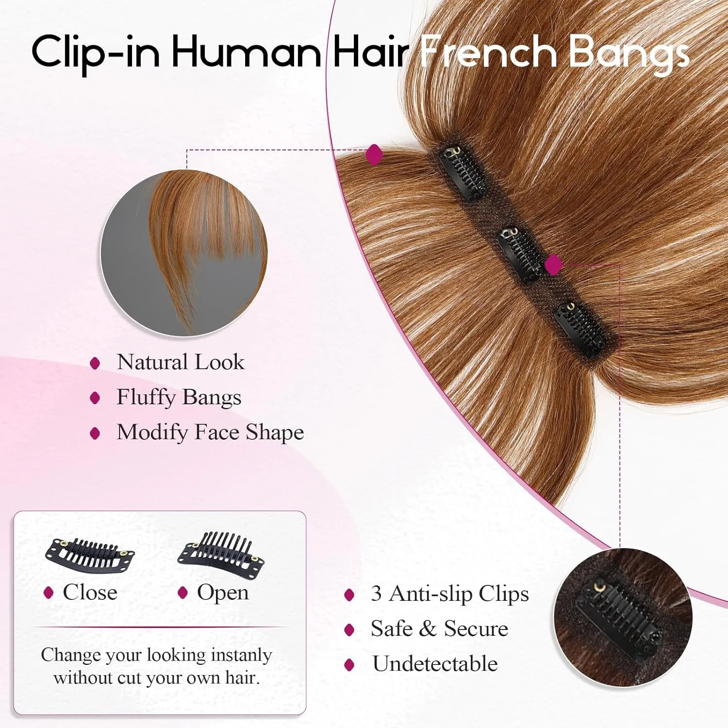EMMOR Clip in Bangs, 100% Human Hair Bangs with 3 Non-slip Clips, 360°Cover Top HairPieces with 5 inch Wispy Fringes for enhancing Women's Facial Features(Light Brown)