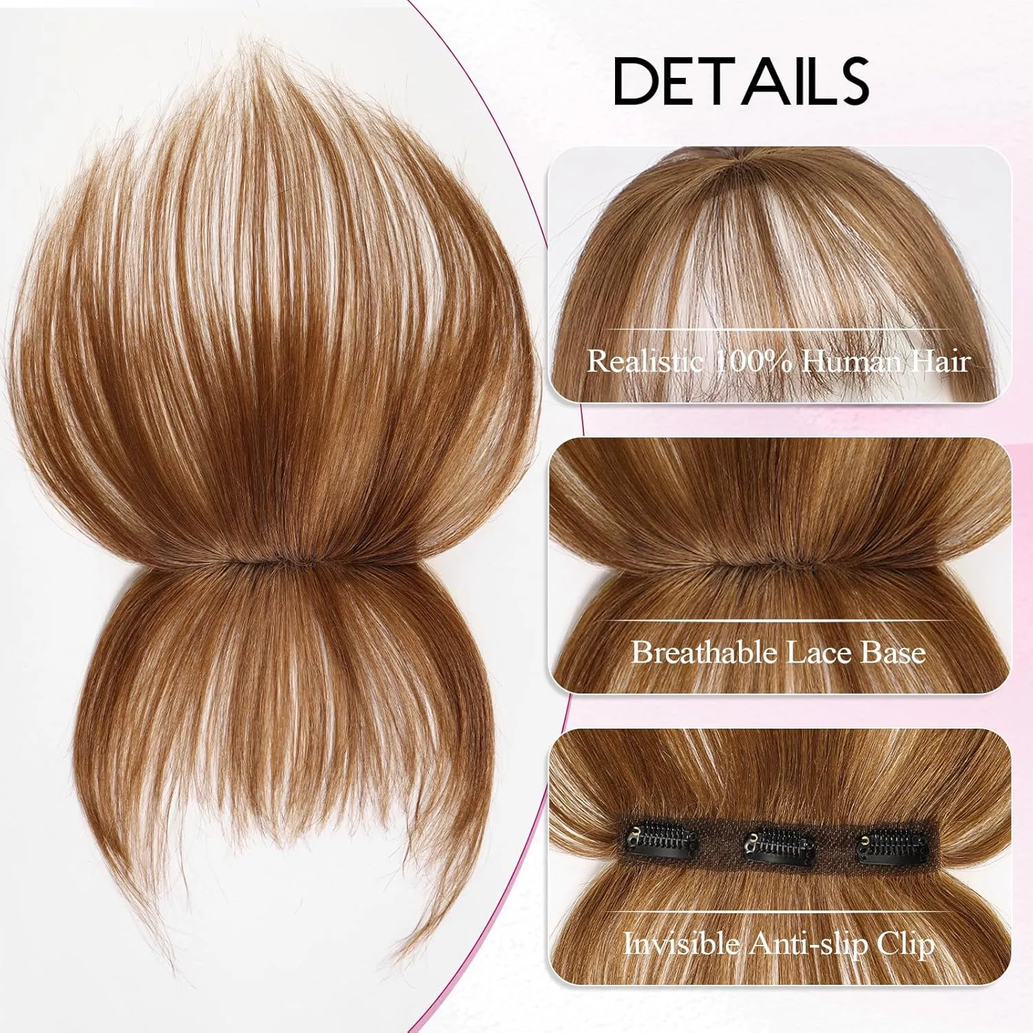 EMMOR Clip in Bangs, 100% Human Hair Bangs with 3 Non-slip Clips, 360°Cover Top HairPieces with 5 inch Wispy Fringes for enhancing Women's Facial Features(Light Brown)
