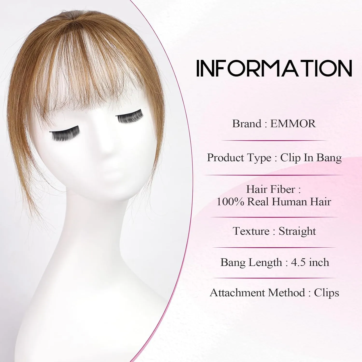 EMMOR Clip in Bangs, 100% Human Hair Bangs with 3 Non-slip Clips, 360°Cover Top HairPieces with 5 inch Wispy Fringes for enhancing Women's Facial Features(Light Brown)