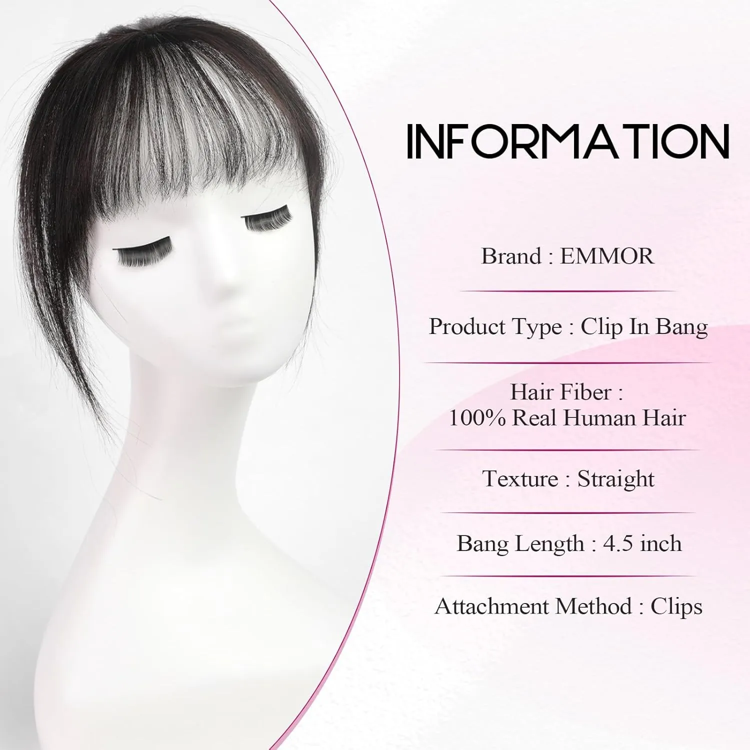 EMMOR Clip in Bangs, 100% Human Hair Bangs with 3 Non-slip Clips, 360°Cover Top HairPieces with 5 inch Wispy Fringes for enhancing Women's Facial Features(Natural Black)