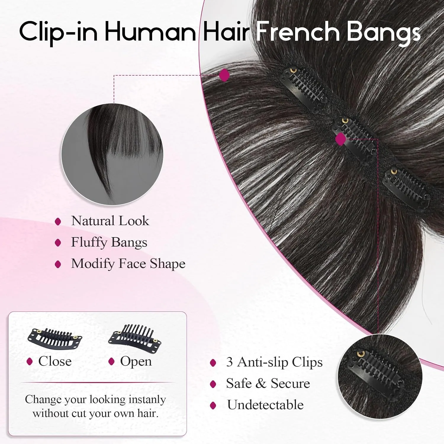 EMMOR Clip in Bangs, 100% Human Hair Bangs with 3 Non-slip Clips, 360°Cover Top HairPieces with 5 inch Wispy Fringes for enhancing Women's Facial Features(Natural Black)