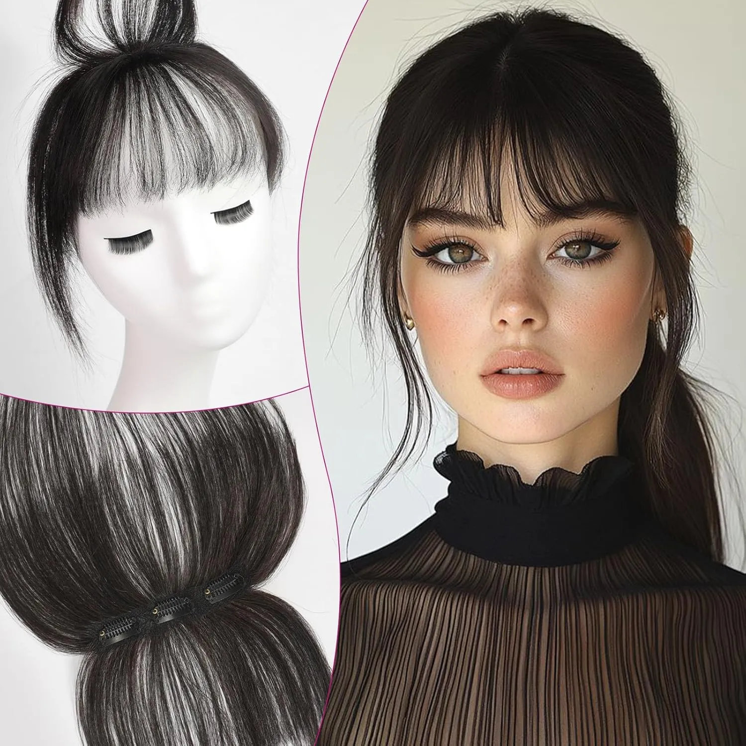 EMMOR Clip in Bangs, 100% Human Hair Bangs with 3 Non-slip Clips, 360°Cover Top HairPieces with 5 inch Wispy Fringes for enhancing Women's Facial Features(Natural Black)