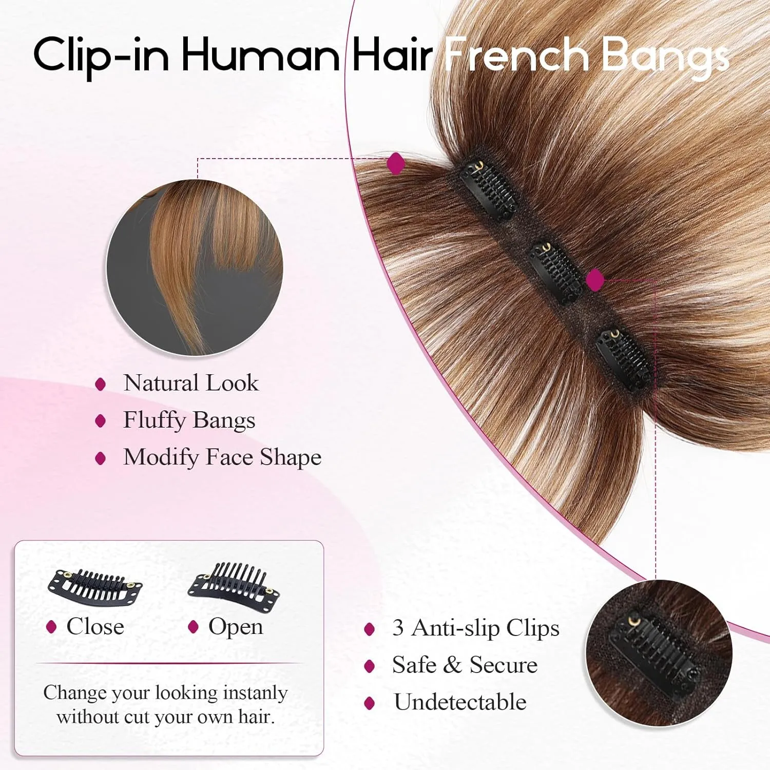 EMMOR Clip in Bangs, 100% Human Hair Bangs with 3 Non-slip Clips, 360°Cover Top HairPieces with 5 inch Wispy Fringes for enhancing Women's Facial Features(Ombre Ash Blonde)