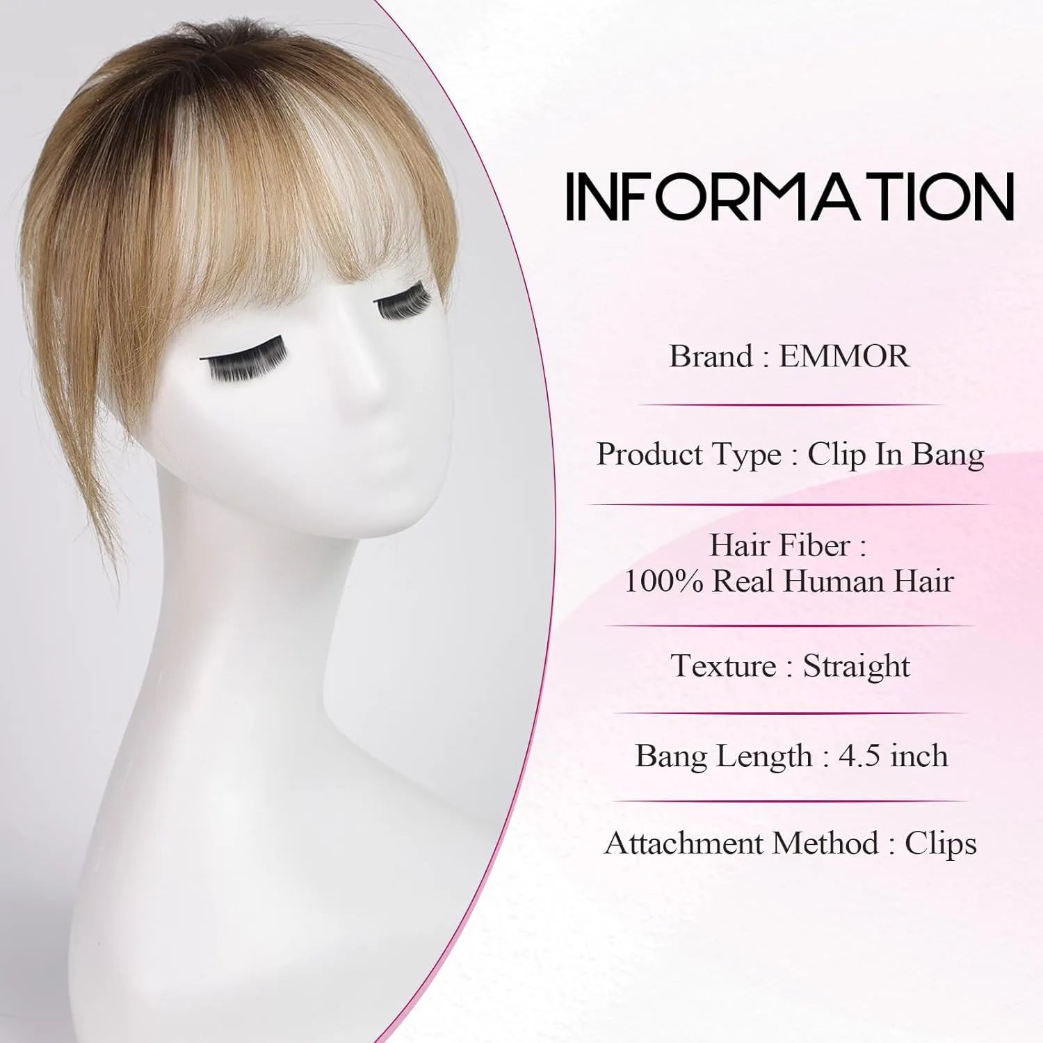 EMMOR Clip in Bangs, 100% Human Hair Bangs with 3 Non-slip Clips, 360°Cover Top HairPieces with 5 inch Wispy Fringes for enhancing Women's Facial Features(Ombre Ash Blonde)
