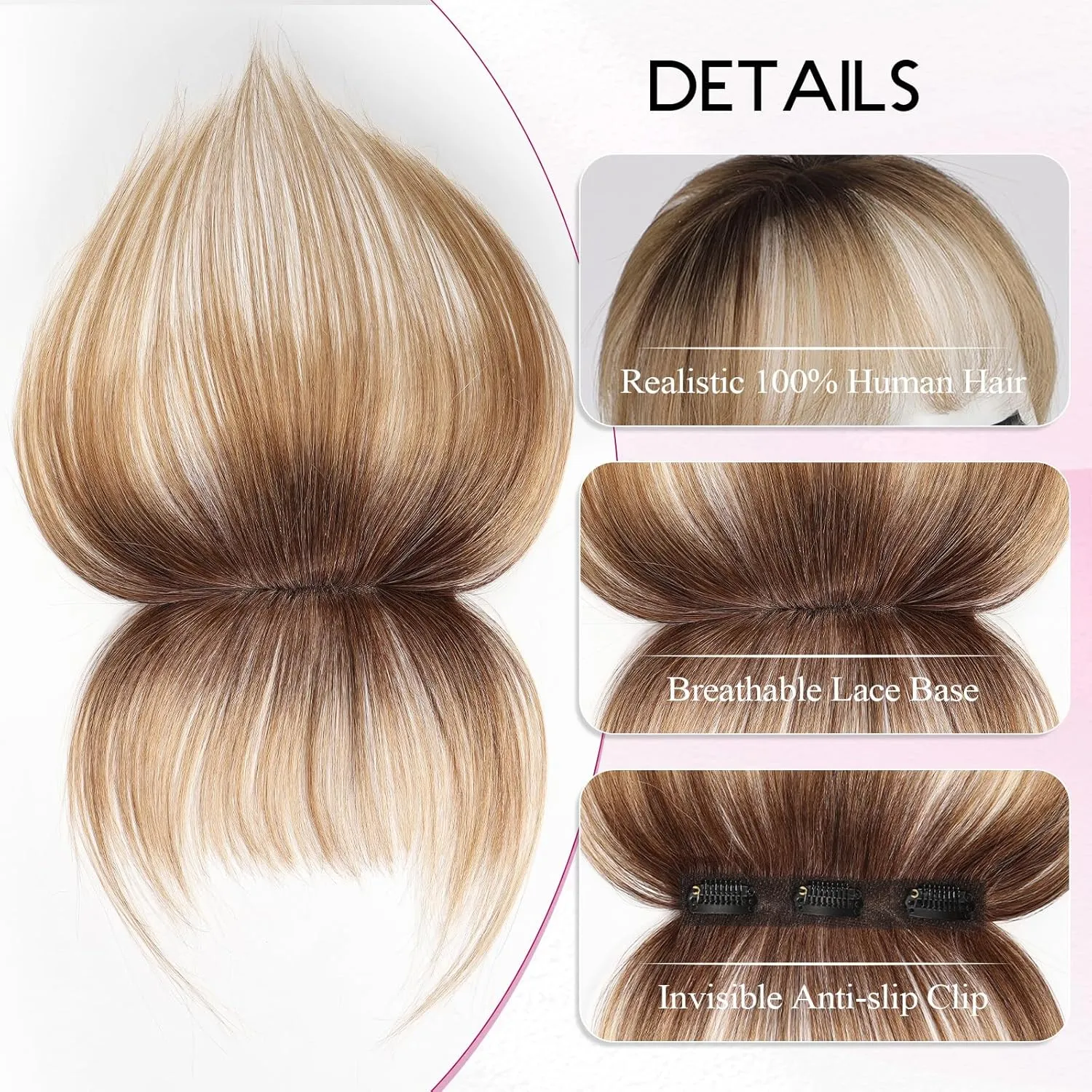 EMMOR Clip in Bangs, 100% Human Hair Bangs with 3 Non-slip Clips, 360°Cover Top HairPieces with 5 inch Wispy Fringes for enhancing Women's Facial Features(Ombre Ash Blonde)