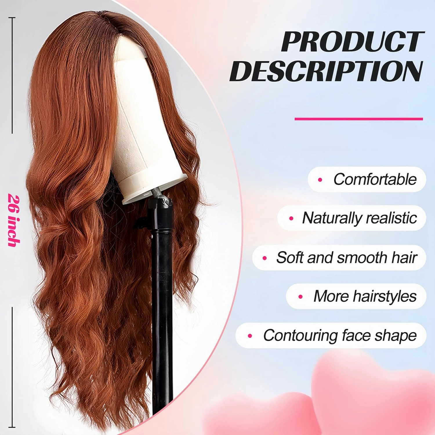 EMMOR Long Ginger Wavy Wig for Women Lace Front Wigs Auburn Natural Looking 26 Inch Middle Part Curly Wig Heat Resistant Synthetic Wigs for Daily Party Use