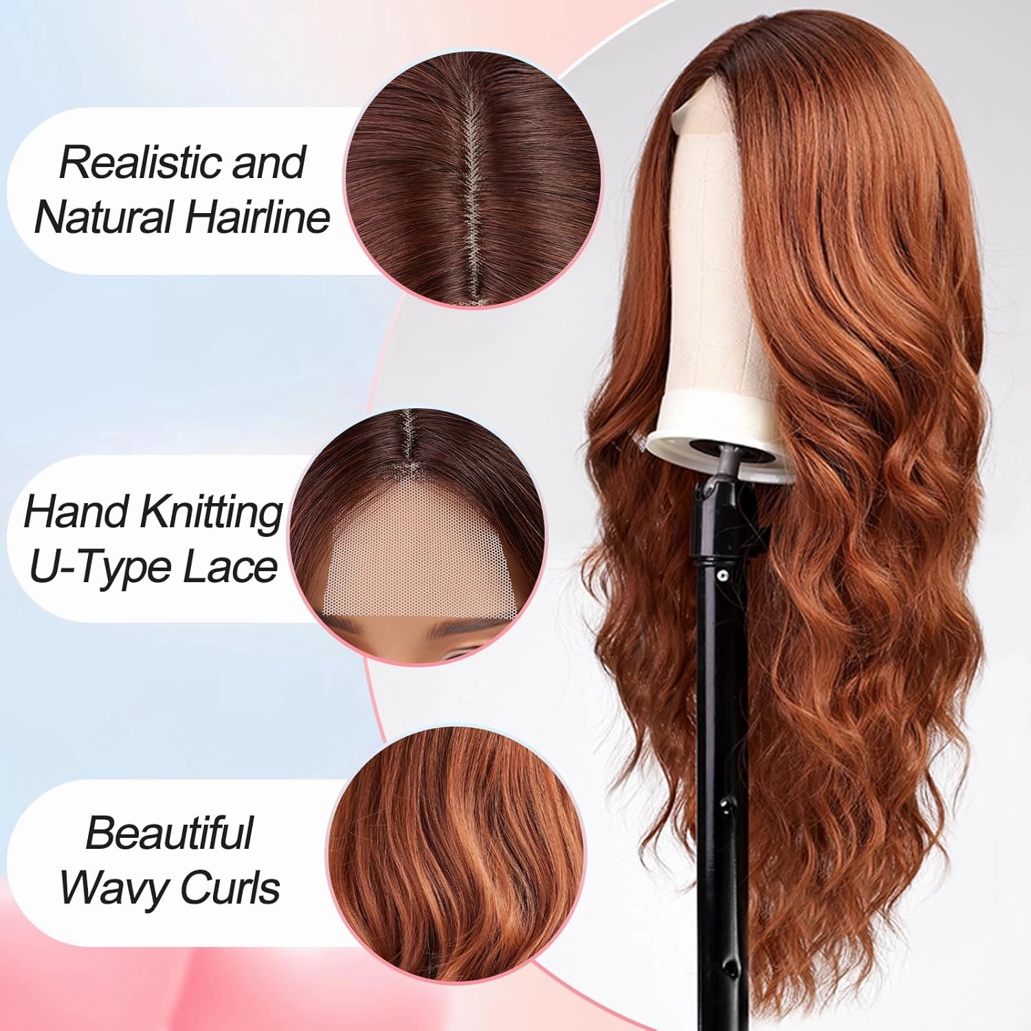 EMMOR Long Ginger Wavy Wig for Women Lace Front Wigs Auburn Natural Looking 26 Inch Middle Part Curly Wig Heat Resistant Synthetic Wigs for Daily Party Use