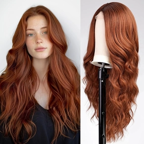 EMMOR Long Ginger Wavy Wig for Women Lace Front Wigs Auburn Natural Looking 26 Inch Middle Part Curly Wig Heat Resistant Synthetic Wigs for Daily Party Use