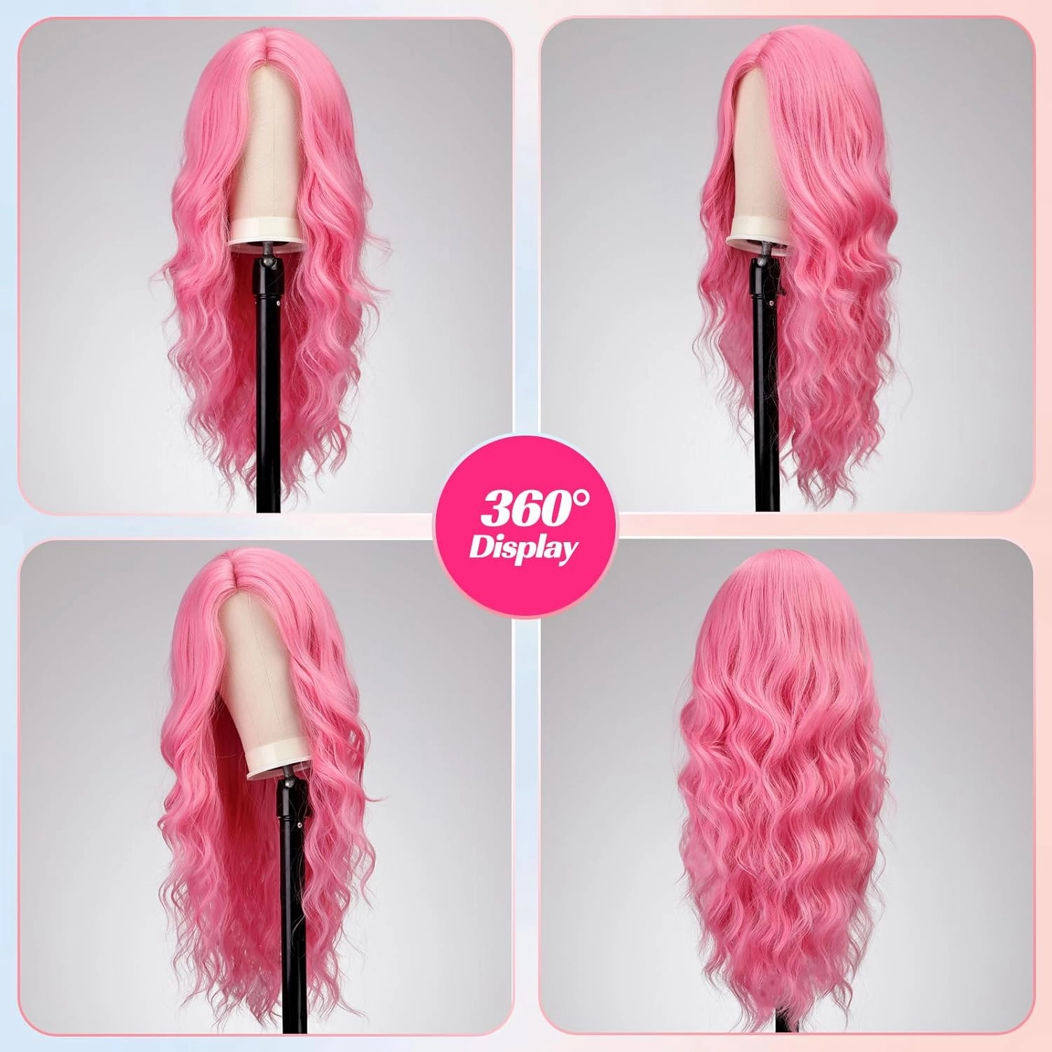 EMMOR Long Pink Wavy Wig for Women Lace Front Wigs Natural Looking 26 Inch Middle Part Curly Wig Heat Resistant Synthetic Wigs for Daily Party Use