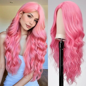 EMMOR Long Pink Wavy Wig for Women Lace Front Wigs Natural Looking 26 Inch Middle Part Curly Wig Heat Resistant Synthetic Wigs for Daily Party Use