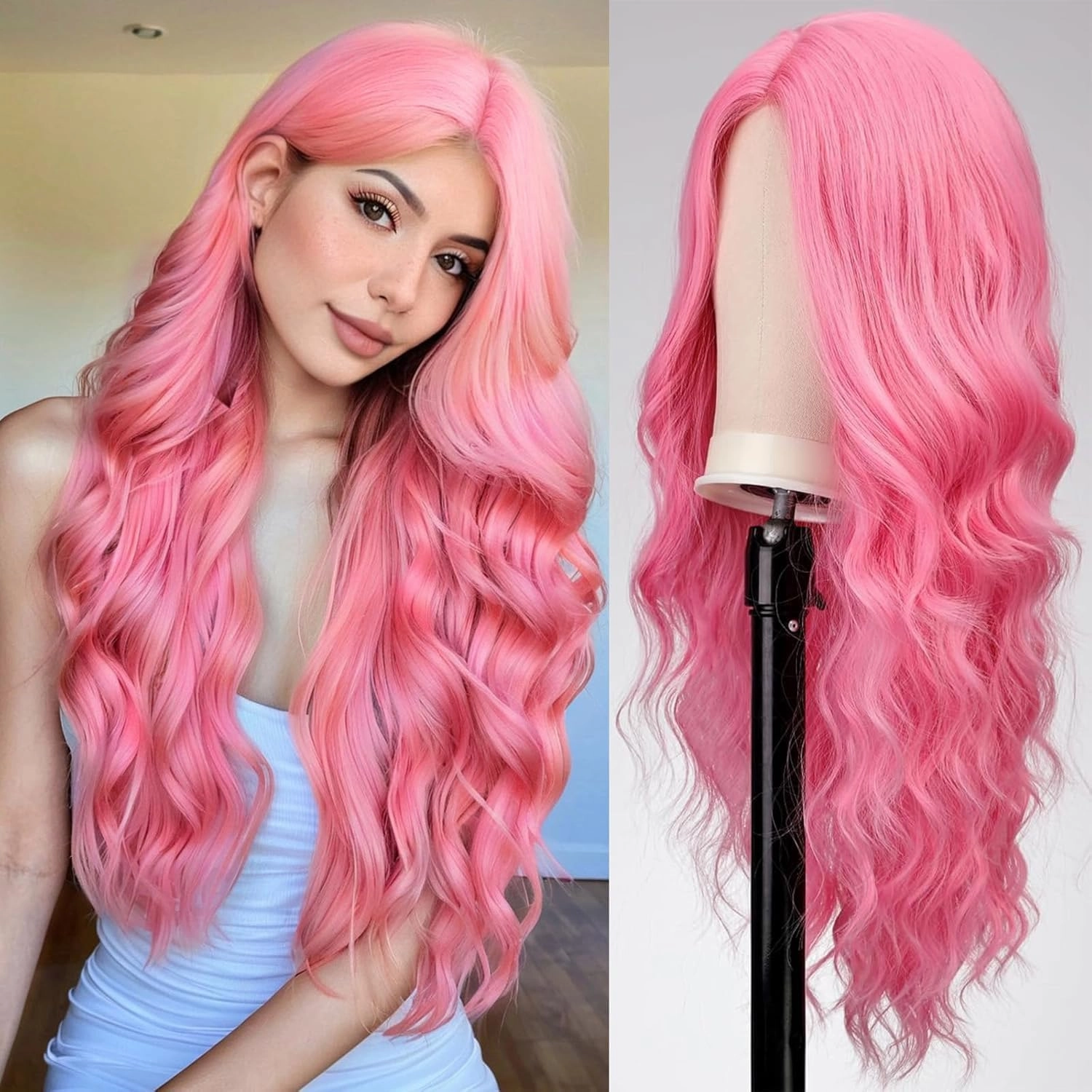 EMMOR Long Pink Wavy Wig for Women Lace Front Wigs Natural Looking 26 Inch Middle Part Curly Wig Heat Resistant Synthetic Wigs for Daily Party Use