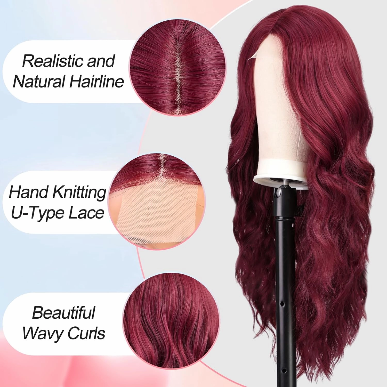 EMMOR Long Wine Red Wavy Wig for Women Lace Front Wigs Natural Looking 26 Inch Middle Part Curly Wig Heat Resistant Synthetic Wigs for Daily Party Use
