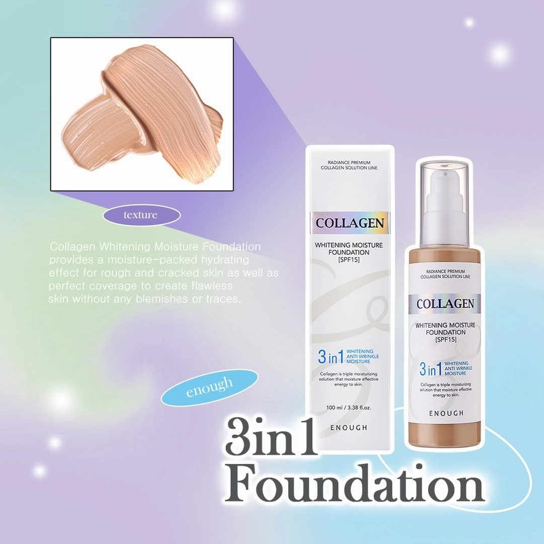 Enough Collagen 3in1 Whitening Moisture Foundation SPF15, 3.38 fl oz/ 100ml - Brightening, Moisturizing, Anti-Aging, Korean Skin Care Makeup (#13 Light Beige, 3.38 fl oz / 100ml)