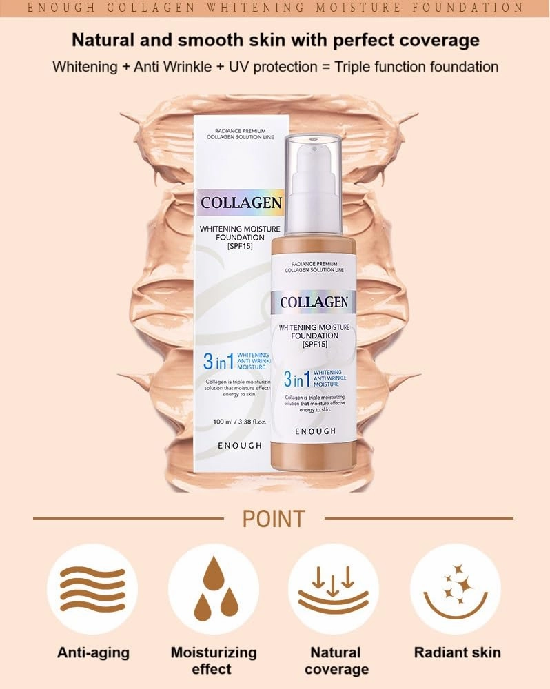Enough Collagen 3in1 Whitening Moisture Foundation SPF15, 3.38 fl oz/ 100ml - Brightening, Moisturizing, Anti-Aging, Korean Skin Care Makeup (#13 Light Beige, 3.38 fl oz / 100ml)