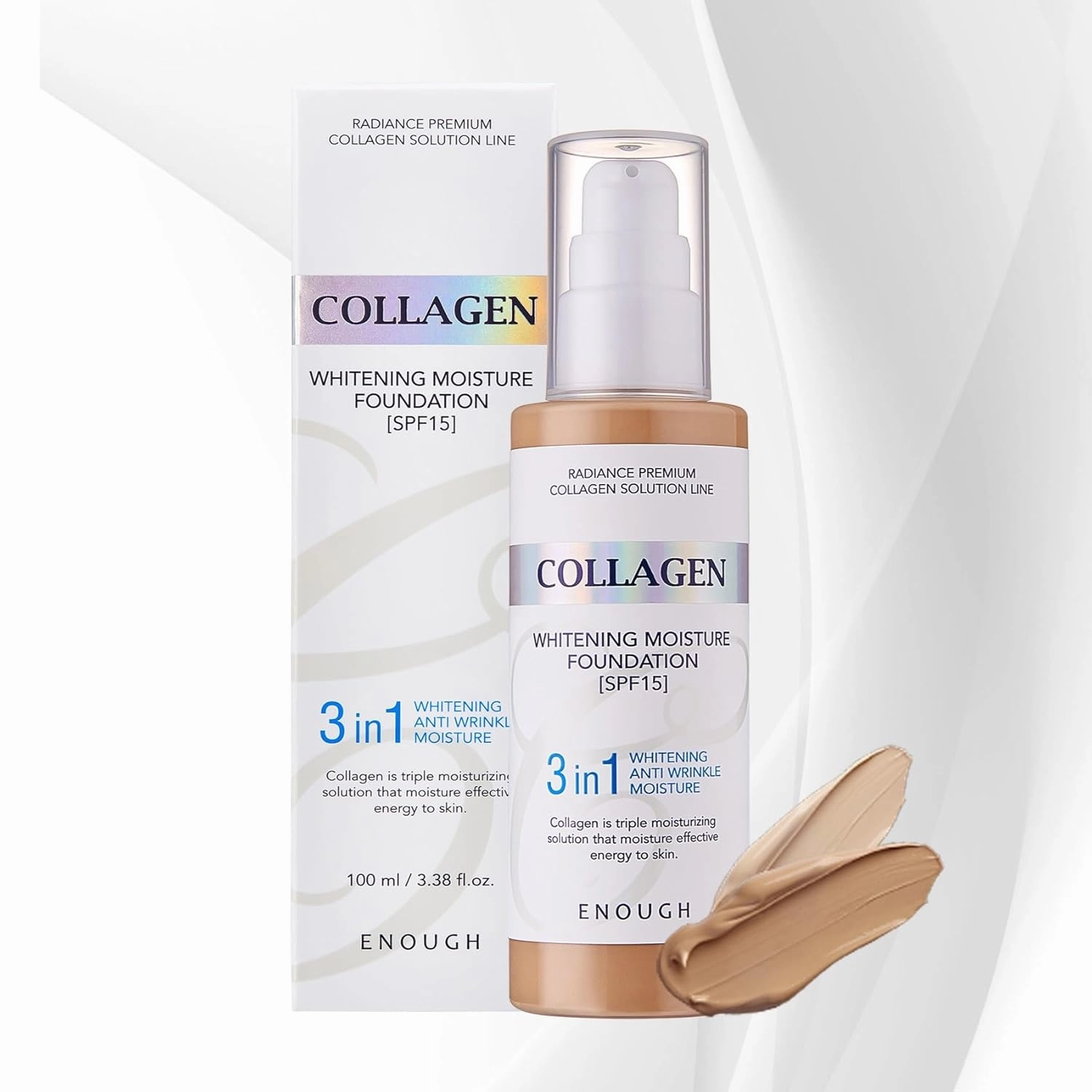 Enough Collagen 3in1 Whitening Moisture Foundation SPF15, 3.38 fl oz/ 100ml - Brightening, Moisturizing, Anti-Aging, Korean Skin Care Makeup (#13 Light Beige, 3.38 fl oz / 100ml)