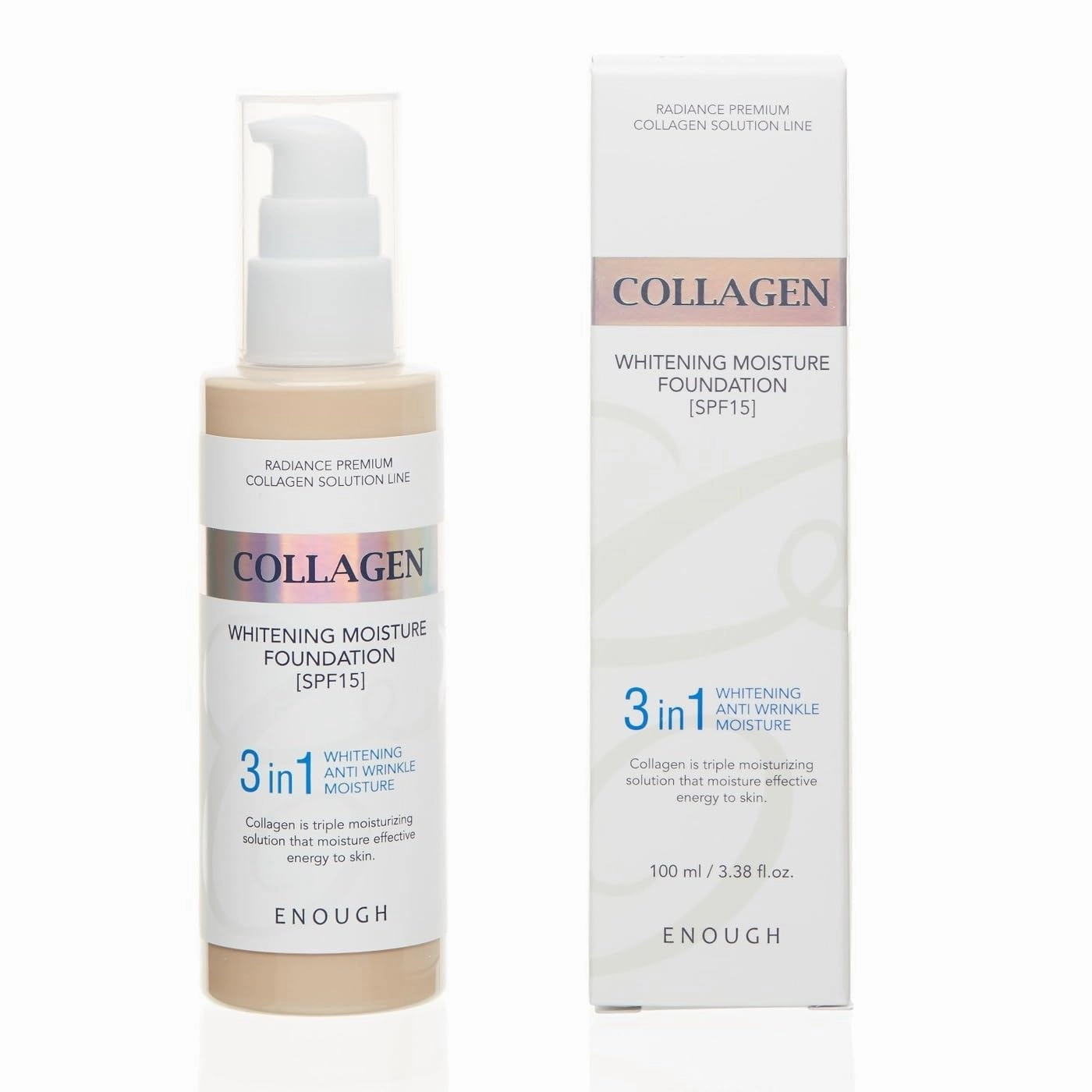 Enough Collagen 3in1 Whitening Moisture Foundation SPF15, 3.38 fl oz/ 100ml - Brightening, Moisturizing, Anti-Aging, Korean Skin Care Makeup (#13 Light Beige, 3.38 fl oz / 100ml)