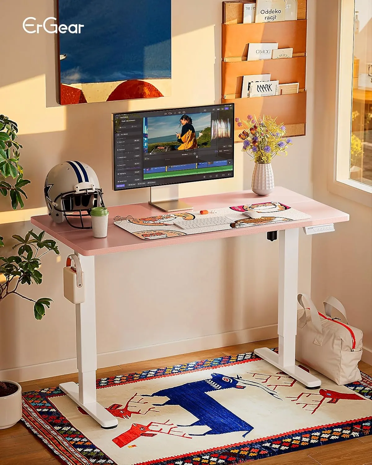 ErGear Height Adjustable Electric Standing Desk, 48 x 24 Inches Sit Stand up Desk, Memory Computer Home Office Desk with Pink Carbon Fiber Color Table Top Splice Board (Pink)