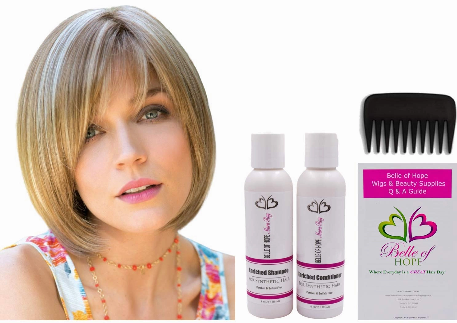 ERIKA Double Mono Synthetic Wig by Amore, 5PC Bundle: Wig, 4oz Mara Ray Enriched Shampoo, Conditioner, Wide Tooth Comb, and 19 Page Belle of Hope Guide (Creamy Toffee)