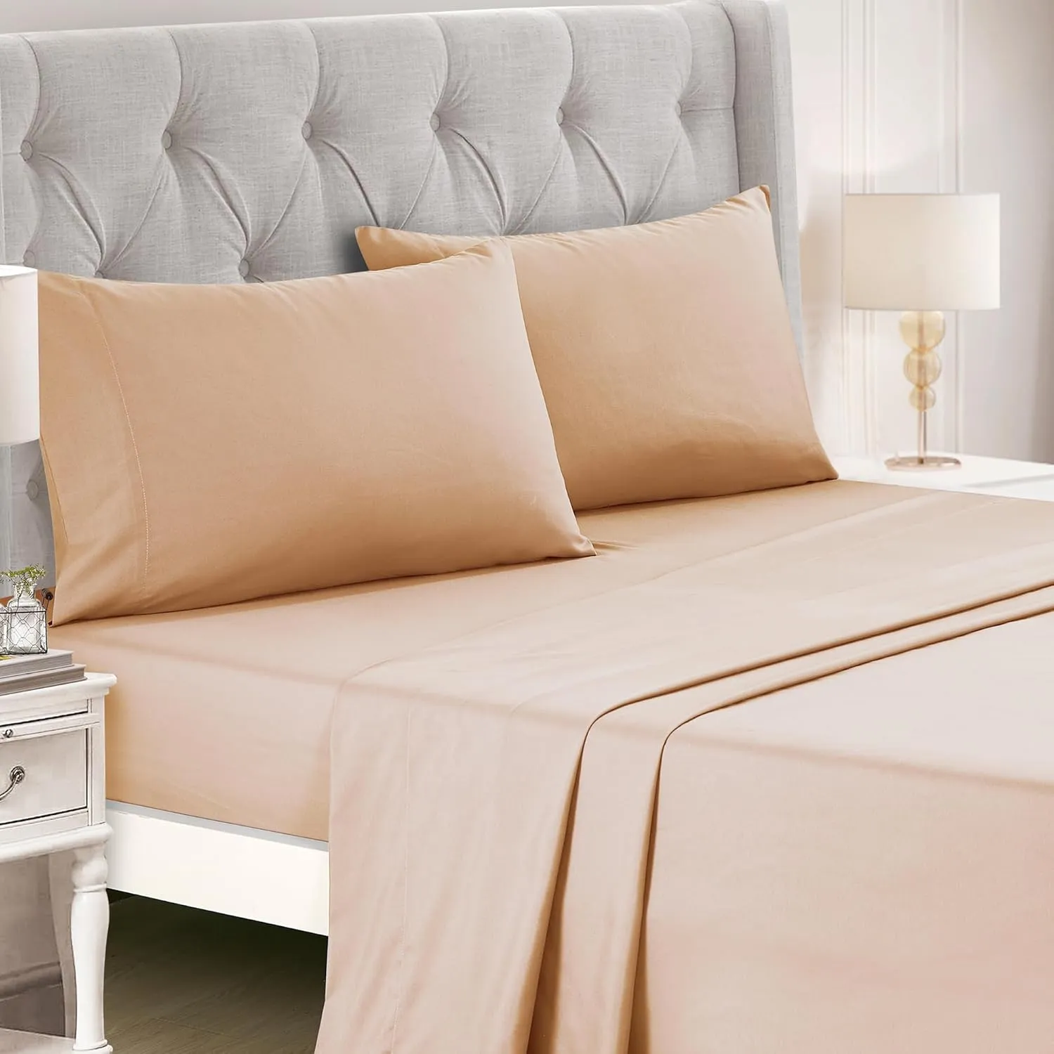ESCA Bed-in-a-Bag 9-Pieces Kineta Peach Pink Comforter and Sheet Set, Bed in Bag Embroidery Bedding Set - Queen Size