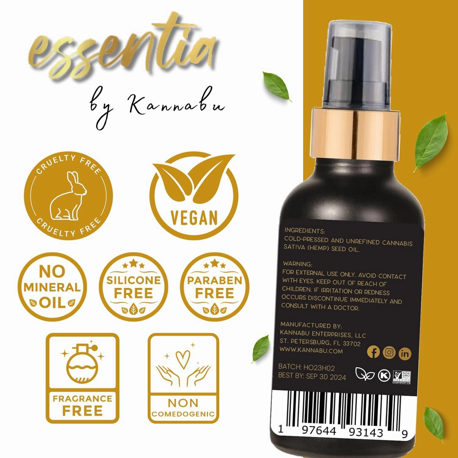 Essentia Hemp Botanical Oil for Skin, Hair, Nails & Body | All Natural Vitamin E | Pure Omegas | Cold-Pressed Hemp Seeds | Vegan Non-GMO Cruelty-Free (2 Fl Oz - Pack of 1)
