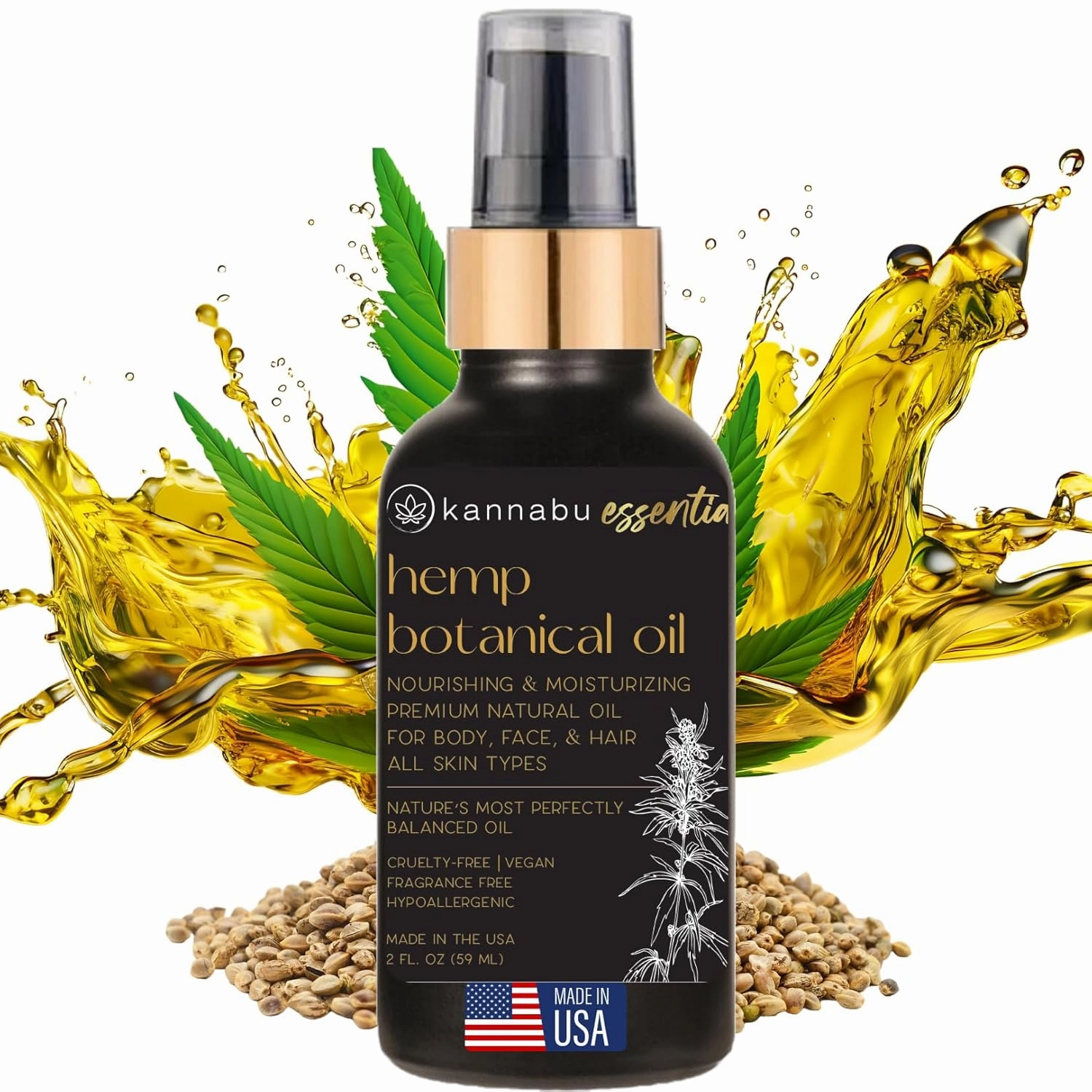 Essentia Hemp Botanical Oil for Skin, Hair, Nails & Body | All Natural Vitamin E | Pure Omegas | Cold-Pressed Hemp Seeds | Vegan Non-GMO Cruelty-Free (2 Fl Oz - Pack of 1)