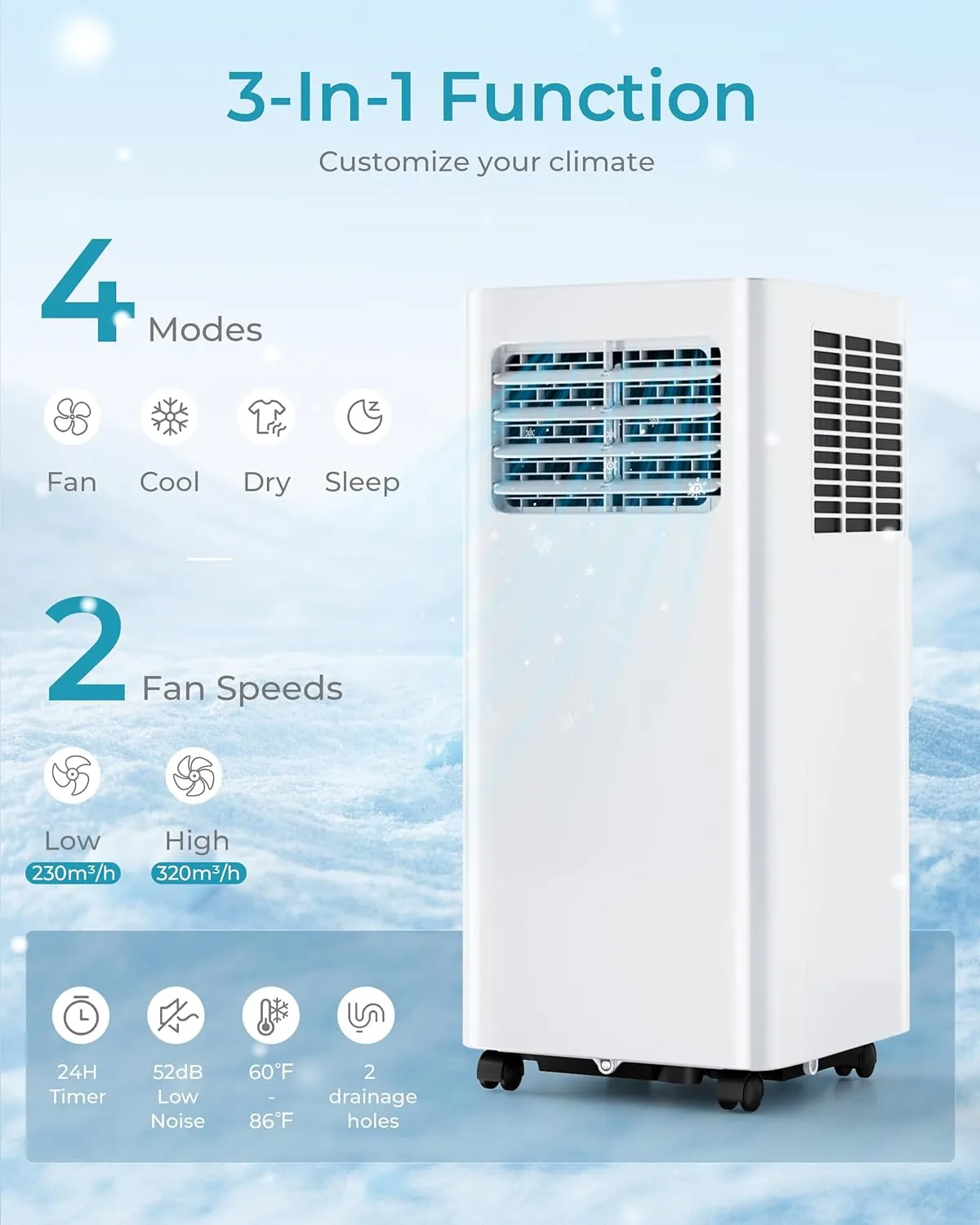 EUHOMY Portable Air Conditioners 8,000 Btu, Quiet Portable Cooling AC Up to 350 Sq.Ft. with Dehumidifier, Fan, Sleep Modes, 3-1 AC Unit with Remote Control & 24H Timer for Bedroom, Room, Apartments