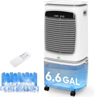 Evaporative Air Cooler – 3 in 1 Swamp Cooler, 6.6 Gallon Portable Air Conditioner with 120° Oscillation, 4 Ice Box, 12H Timer, Remote, 3 Modes & 3 Speeds Cooling Fan for Home & Office