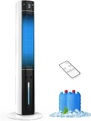 Evaporative Air Cooler - 38inch Swamp Cooler, Cooling Fans that Blow Cold Air for Bedroom, Portable Cooling Tower Fan with 3L Water Tank, Ice Packs, Remote Control, 3 Speeds (White)