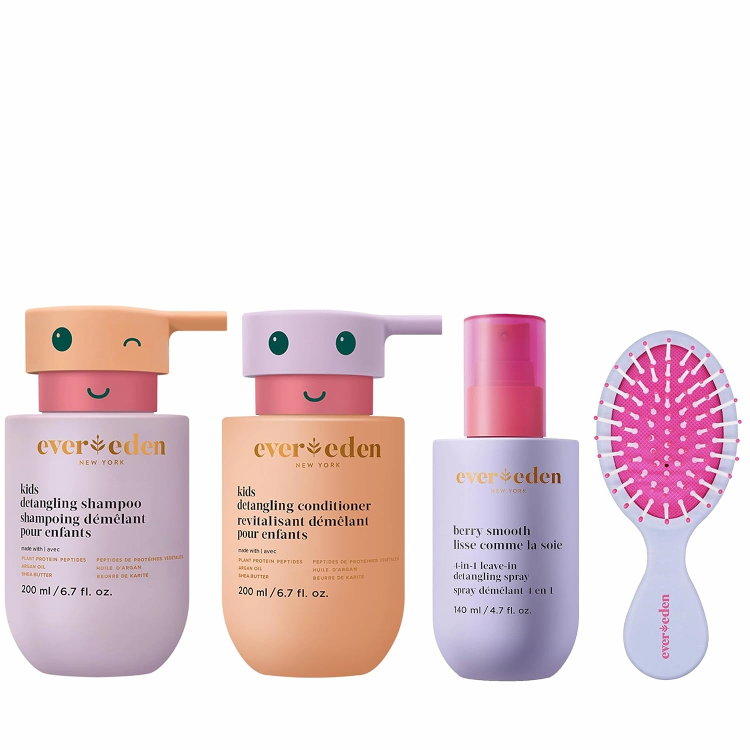 Evereden Kids Complete Haircare Set: Hair Detangling Shampoo, Conditioner & Spray for Children Ages 3  & Pain-Free Hair Brush, Plant Protein Peptides & Argan Oil, Vegan, Free from Sulfate and Paraben