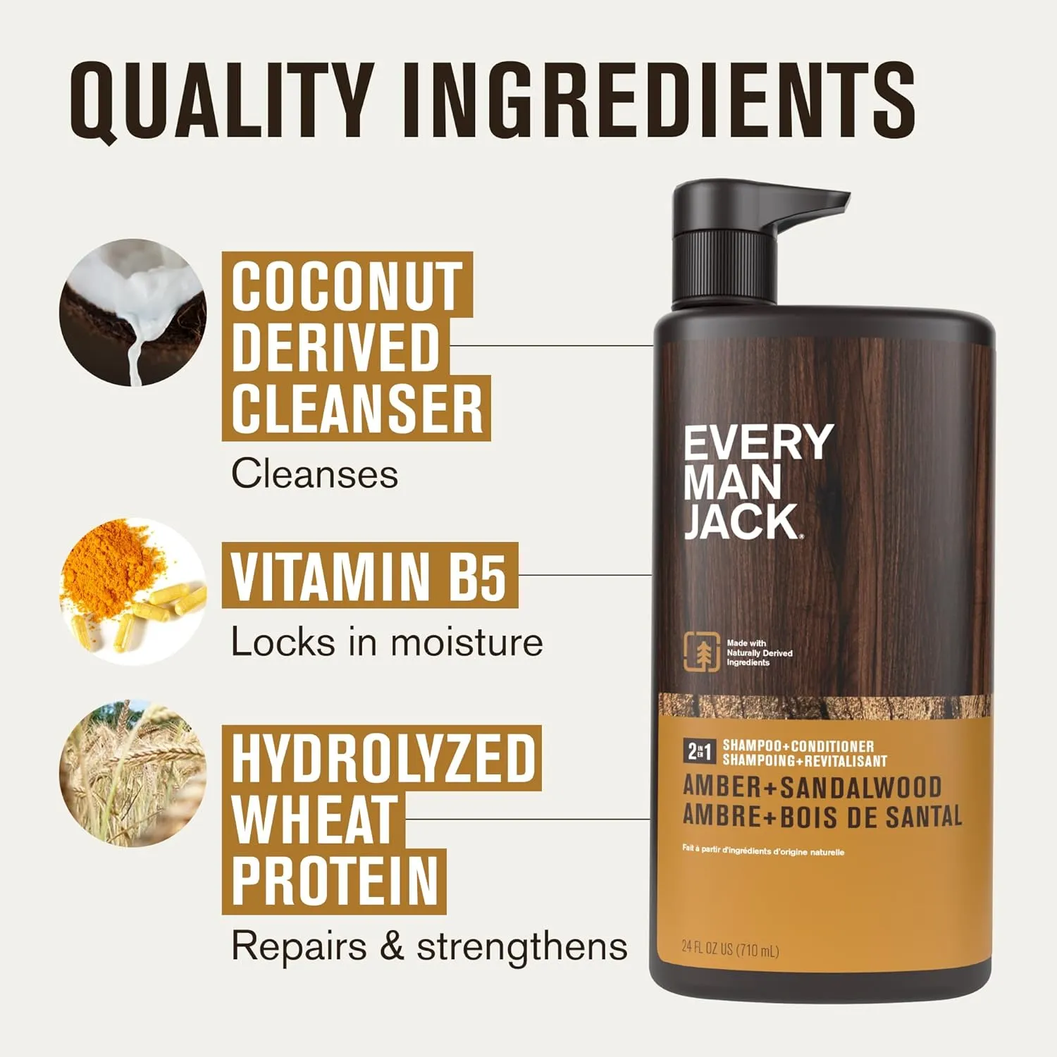 Every Man Jack 2-in-1 Daily Shampoo   Conditioner - Amber   Sandalwood | Nourishing For All Hair Types, Naturally Derived, Cruelty-Free Shampoo and Conditioner Set for Men | 24oz -1 Bottle