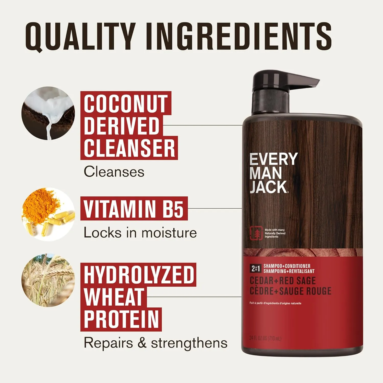 Every Man Jack 2-in-1 Daily Shampoo   Conditioner - Cedar and Red Sage | Nourishing For All Hair Types, Naturally Derived, Cruelty-Free Shampoo and Conditioner Set for Men | 24oz -1 Bottle