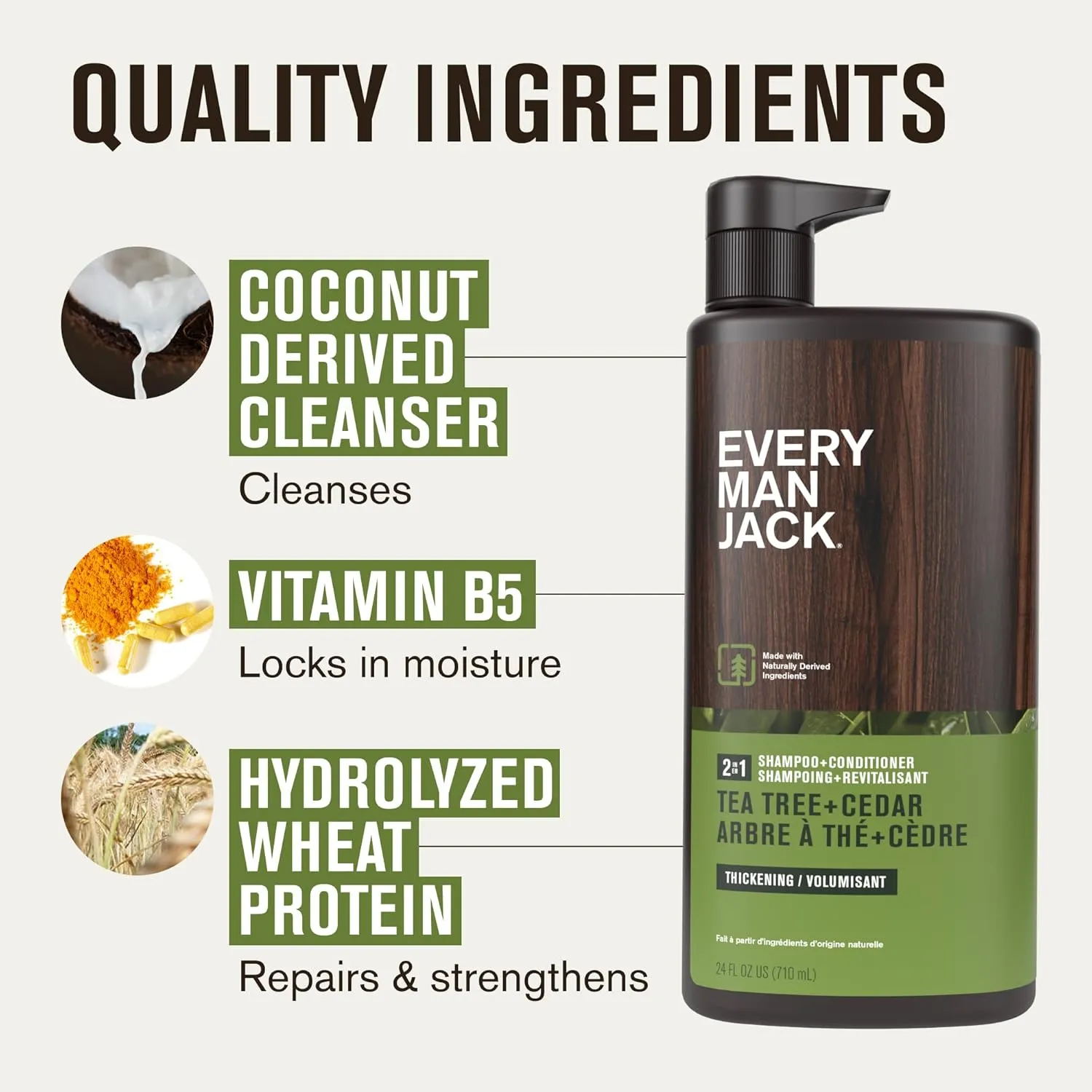 Every Man Jack 2-in-1 Tea Tree   Cedar Shampoo   Conditioner - Thicken, Cleanse, and Hydrate Hair with Coconut, Aloe, Tea Tree Oil - Naturally Derived and No Harmful Chemicals - 24oz -1 Bottle