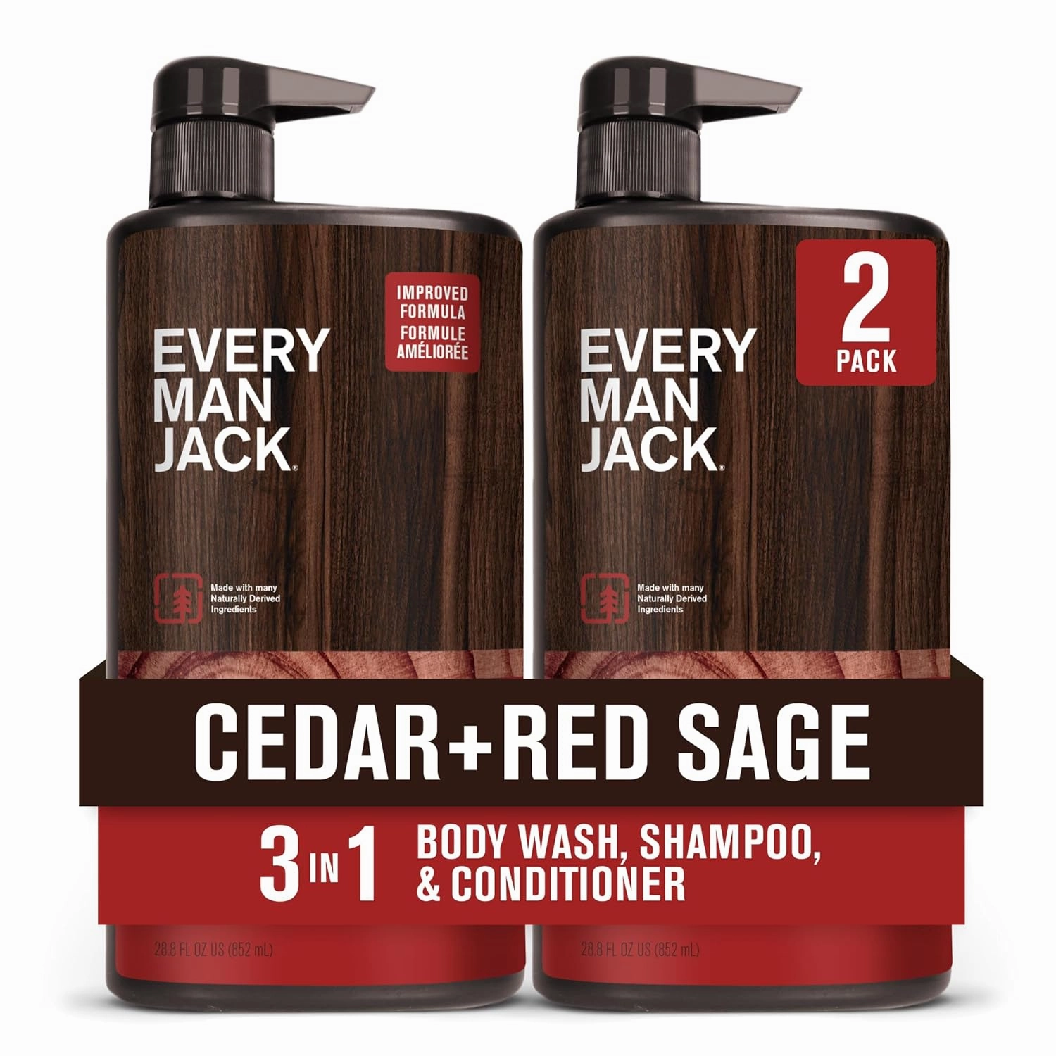 Every Man Jack Cedar   Red Sage Hydrating Mens 3-in-1 All Over Wash for All Skin and Hair Types - Body Wash, Shampoo and Conditioner with Naturally Derived Ingredients - 28.8oz (2 Pack)