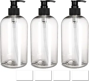 EZProUSA Empty Plastic Pump Bottles Shampoo Conditioner Lotion with Waterproof Labels, Essential Oils Refillable BPA-Free Leak-Proof, 16 oz / 500 ml Clear, Pack of 3