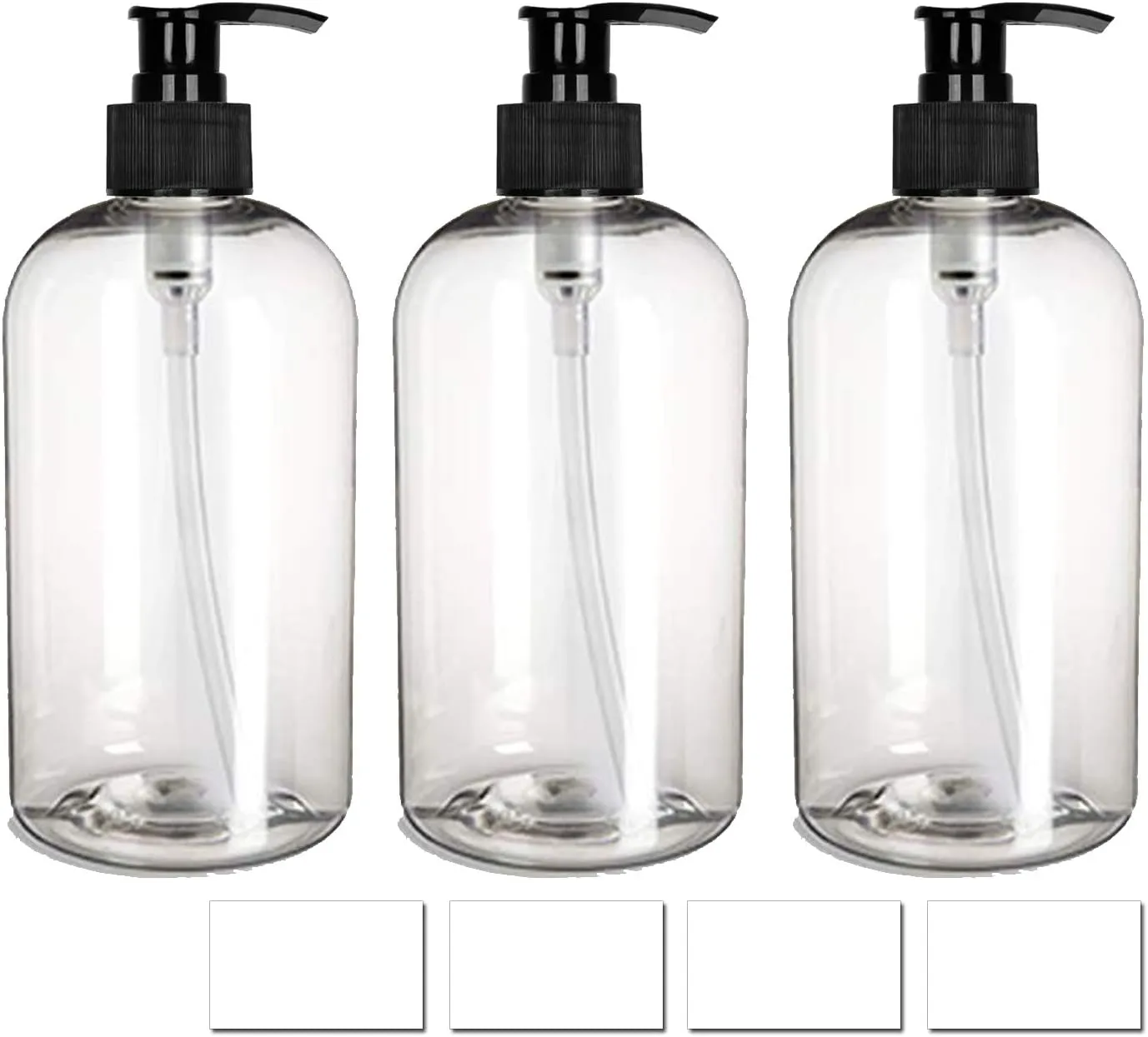 EZProUSA Empty Plastic Pump Bottles Shampoo Conditioner Lotion with Waterproof Labels, Essential Oils Refillable BPA-Free Leak-Proof, 16 oz / 500 ml Clear, Pack of 3