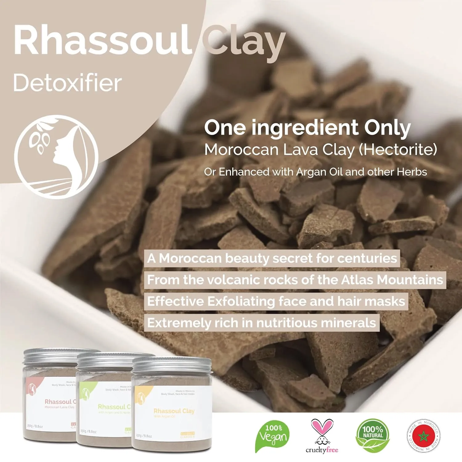 Fatima's Garden Rhassoul with Rose Petals - Soothing Face & Hair Mask, 425g